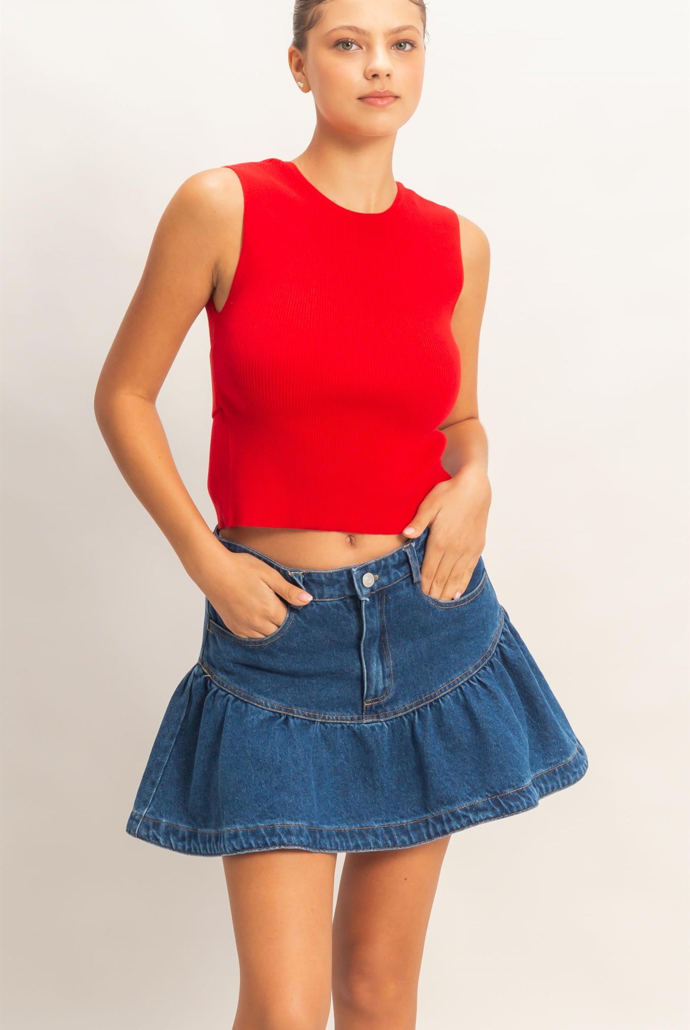 Wholesale Denim Ruffle Skirt Skirts HF26A274 DARK DENIM HYFVE