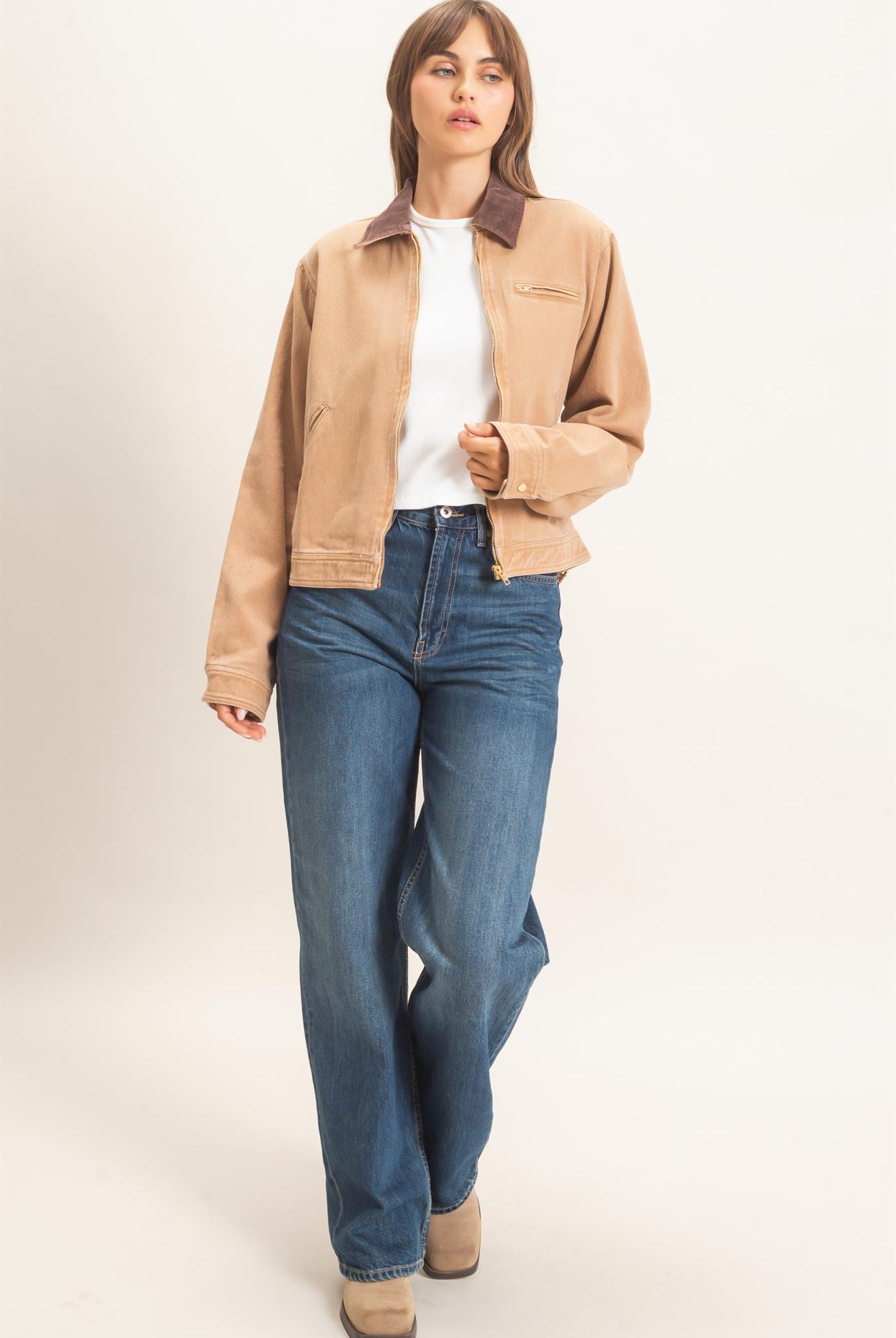 Wholesale Twill Jacket With Corduroy Collar Outerwear HF26E011 DARK TAUPE HYFVE