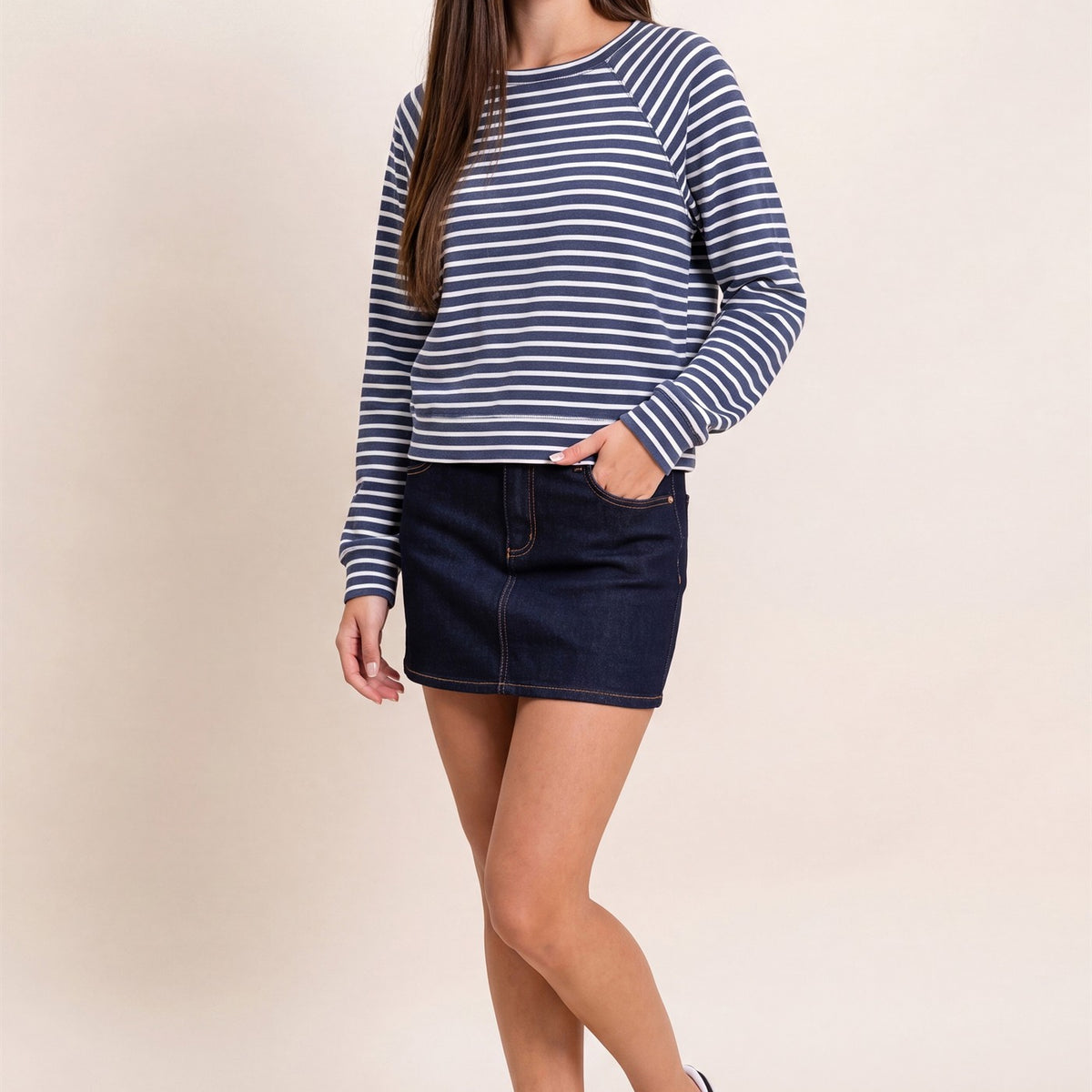 Wholesale Striped Waffle Knit Raglan Top Clothing Tops DZ26E450 NAVY DOUBLE ZERO