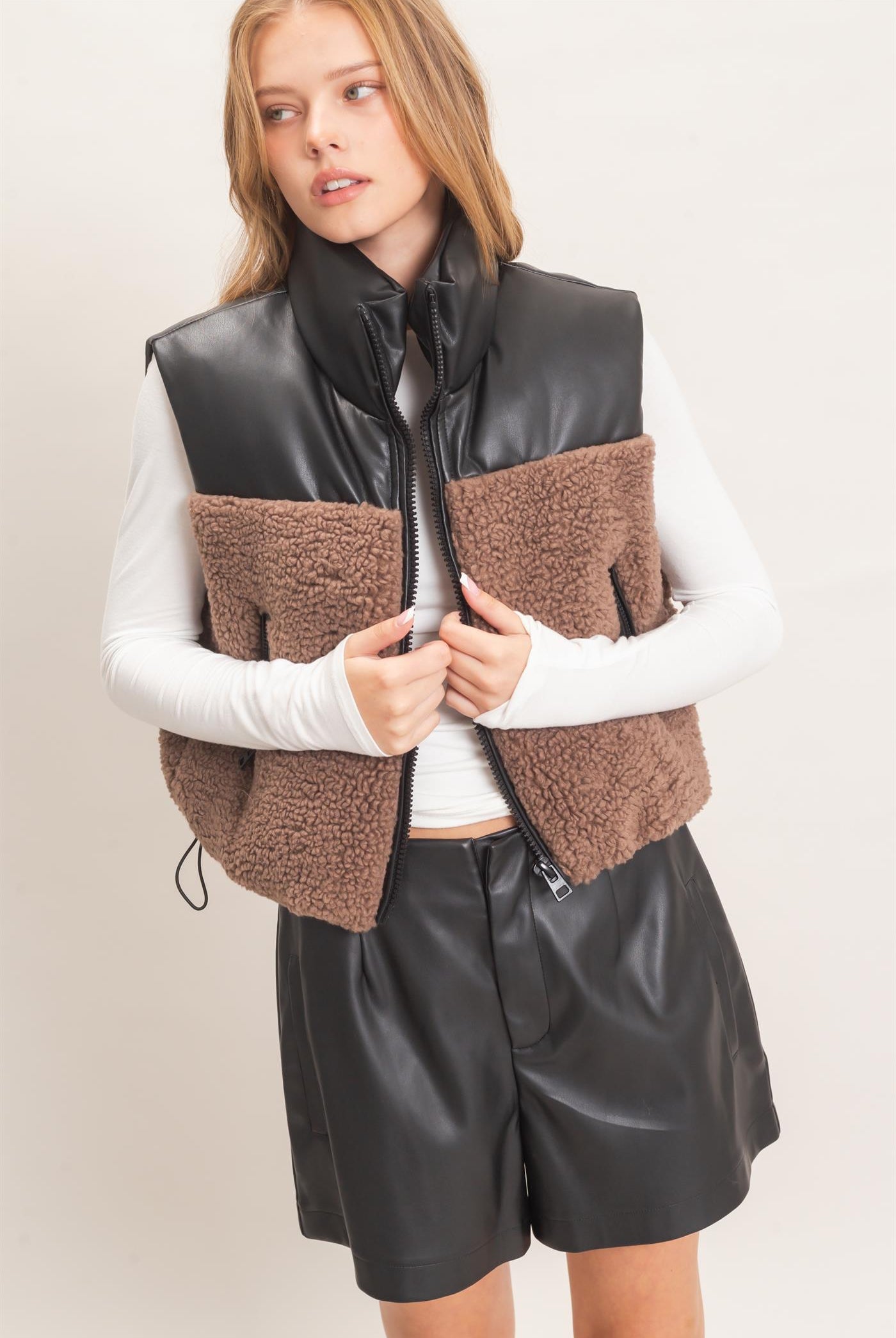 Wholesale Faux Fur & Pu Padded Vest Outerwear HF26F204 MOCHA HYFVE