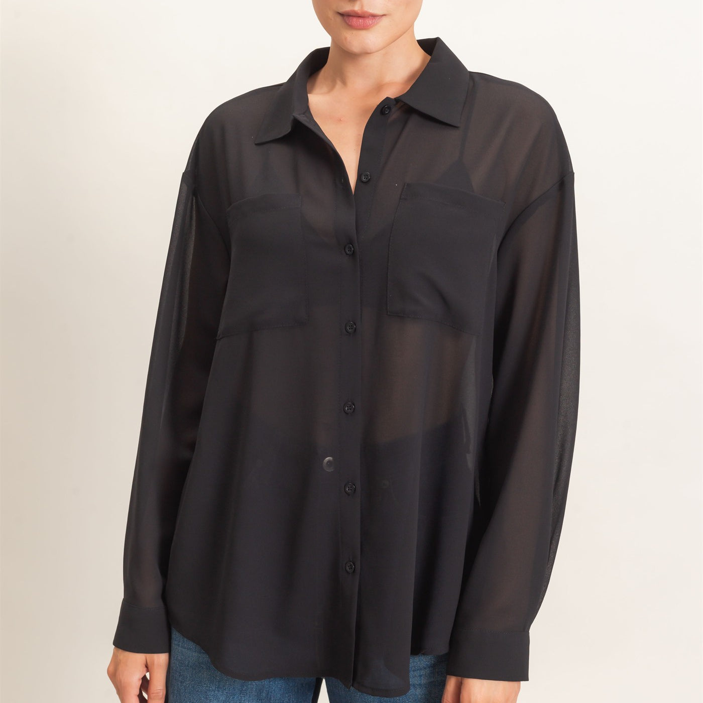 Wholesale Button-Down Collar Blouse Shirts HF26F067 BLACK HYFVE