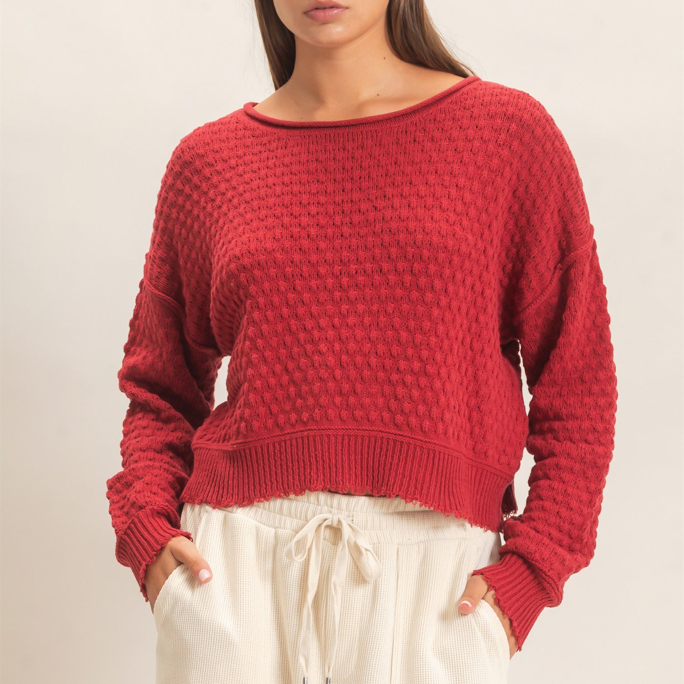Wholesale Textured Boat Neck Sweater Sweaters DZ26E880 DARK RED DOUBLE ZERO