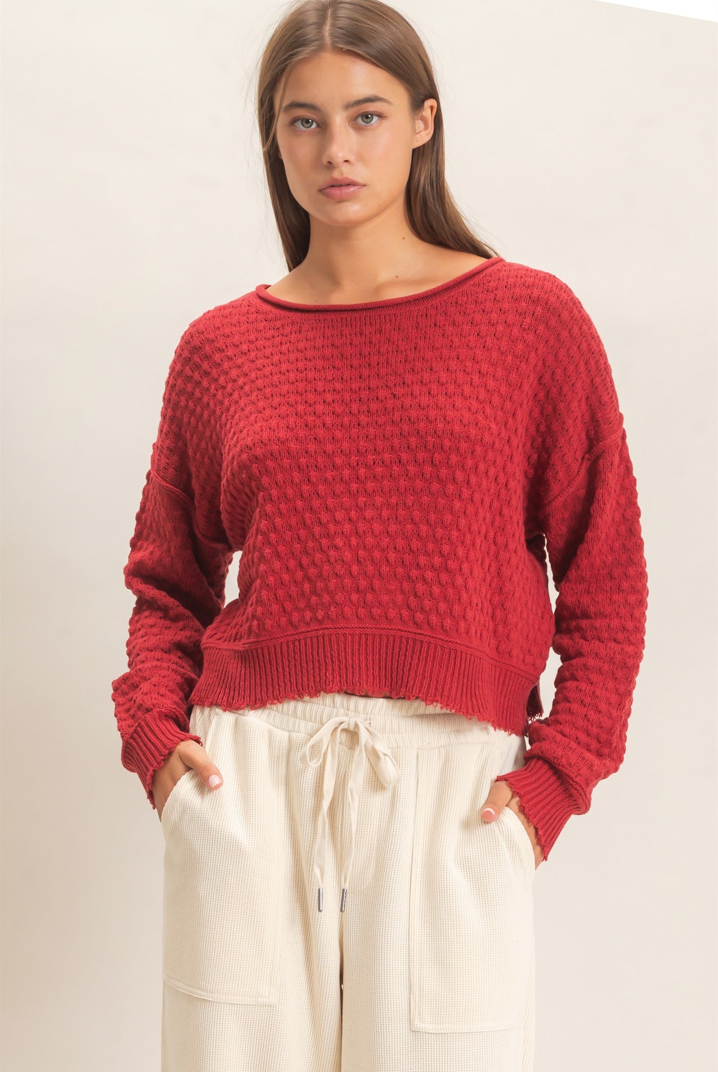 Wholesale Textured Boat Neck Sweater Sweaters DZ26E880 DARK RED DOUBLE ZERO