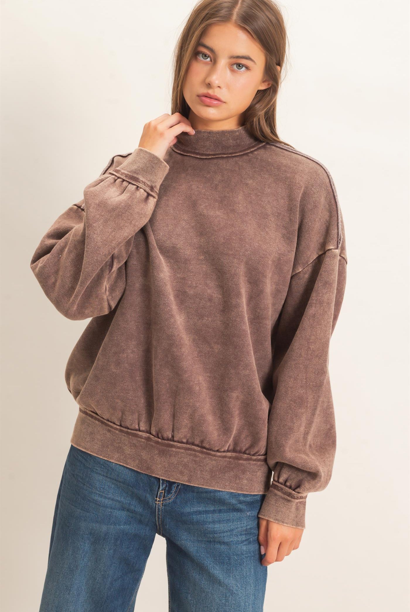 Wholesale Acid Washed Mock Neck Sweatshirt Sweatshirts DZ26E656 DARK BROWN DOUBLE ZERO