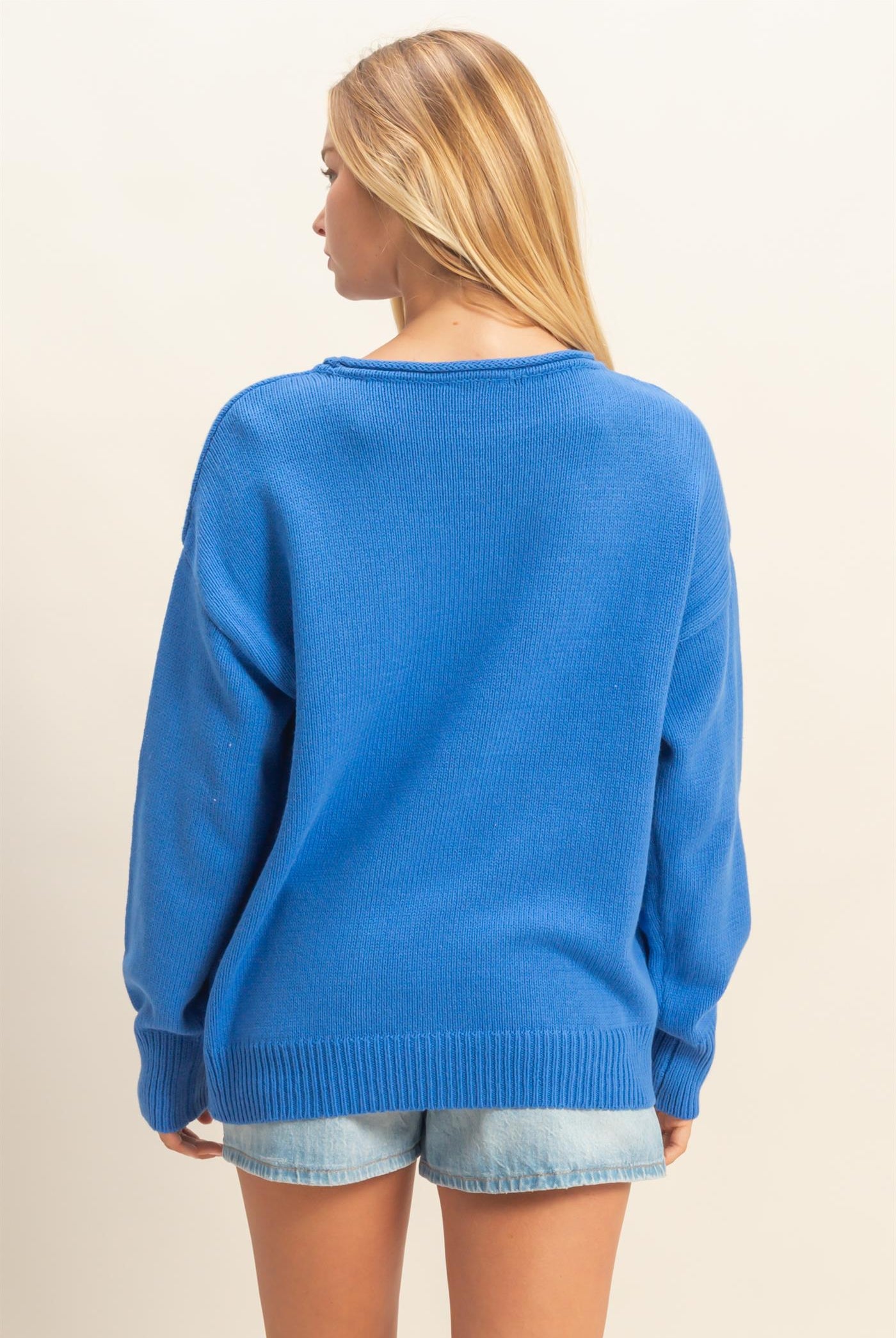 Wholesale Oversized Rolll Neck Knit Sweater Sweaters DZ25E908 OCEAN BLUE DOUBLE ZERO
