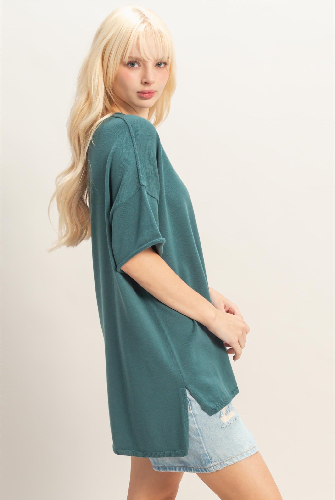 Wholesale Oversized Short Sleeve Round Neck Pocket Knit Top Clothing Tops DZ26A691 DARK TEAL DOUBLE ZERO