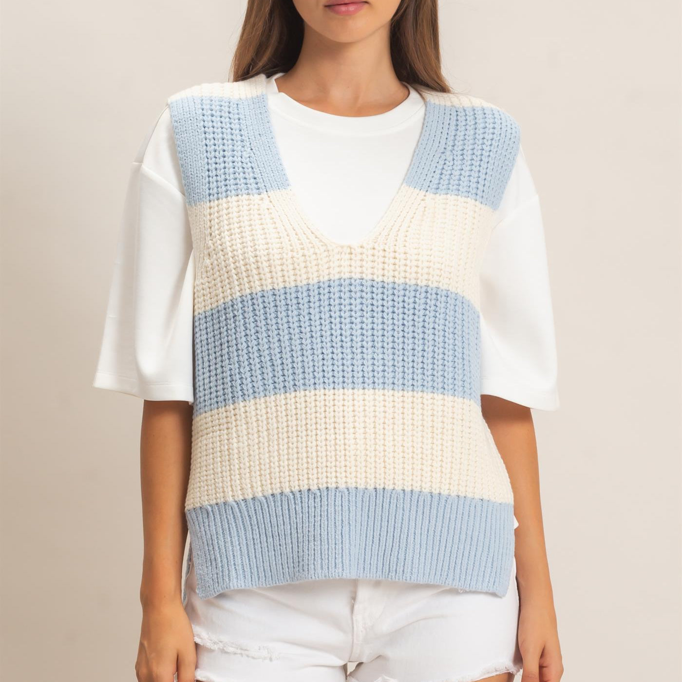 Wholesale V-Neck Striped Sweater Vest Sweaters HF26E482-D BLUE HYFVE