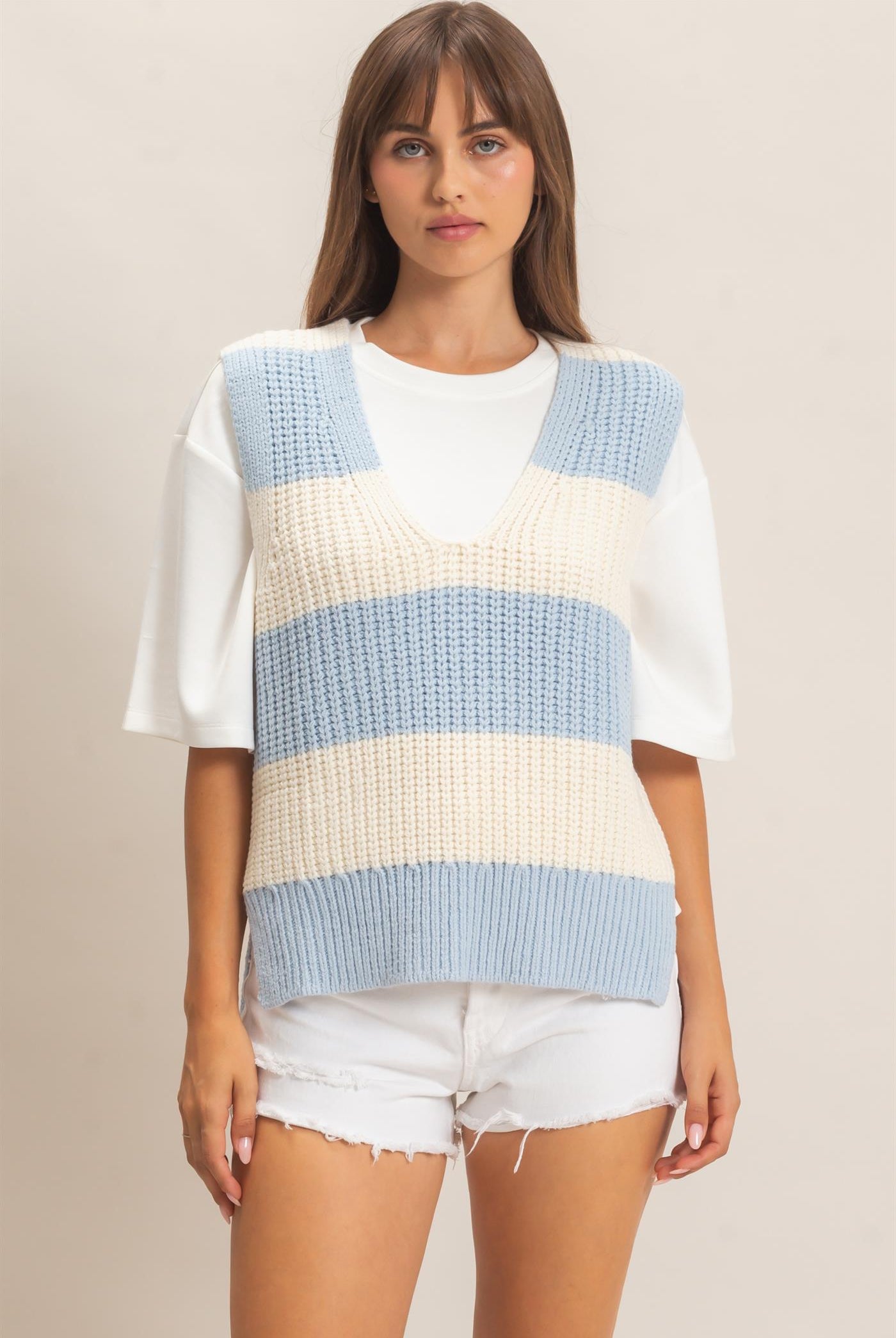 Wholesale V-Neck Striped Sweater Vest Sweaters HF26E482-D BLUE HYFVE