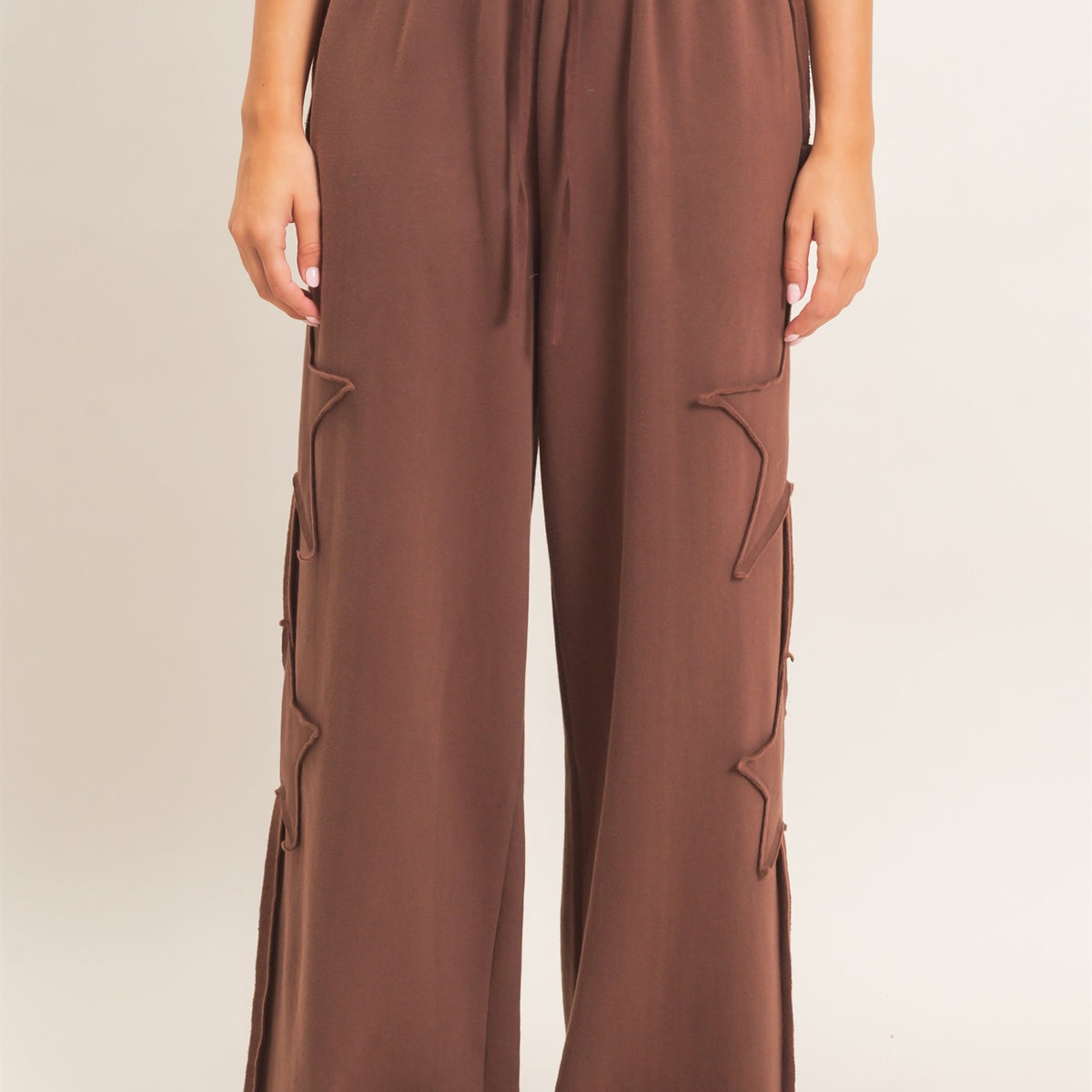 Wholesale French Terry Star Patch Sweatpants Pants DZ27A197 DARK BROWN DOUBLE ZERO