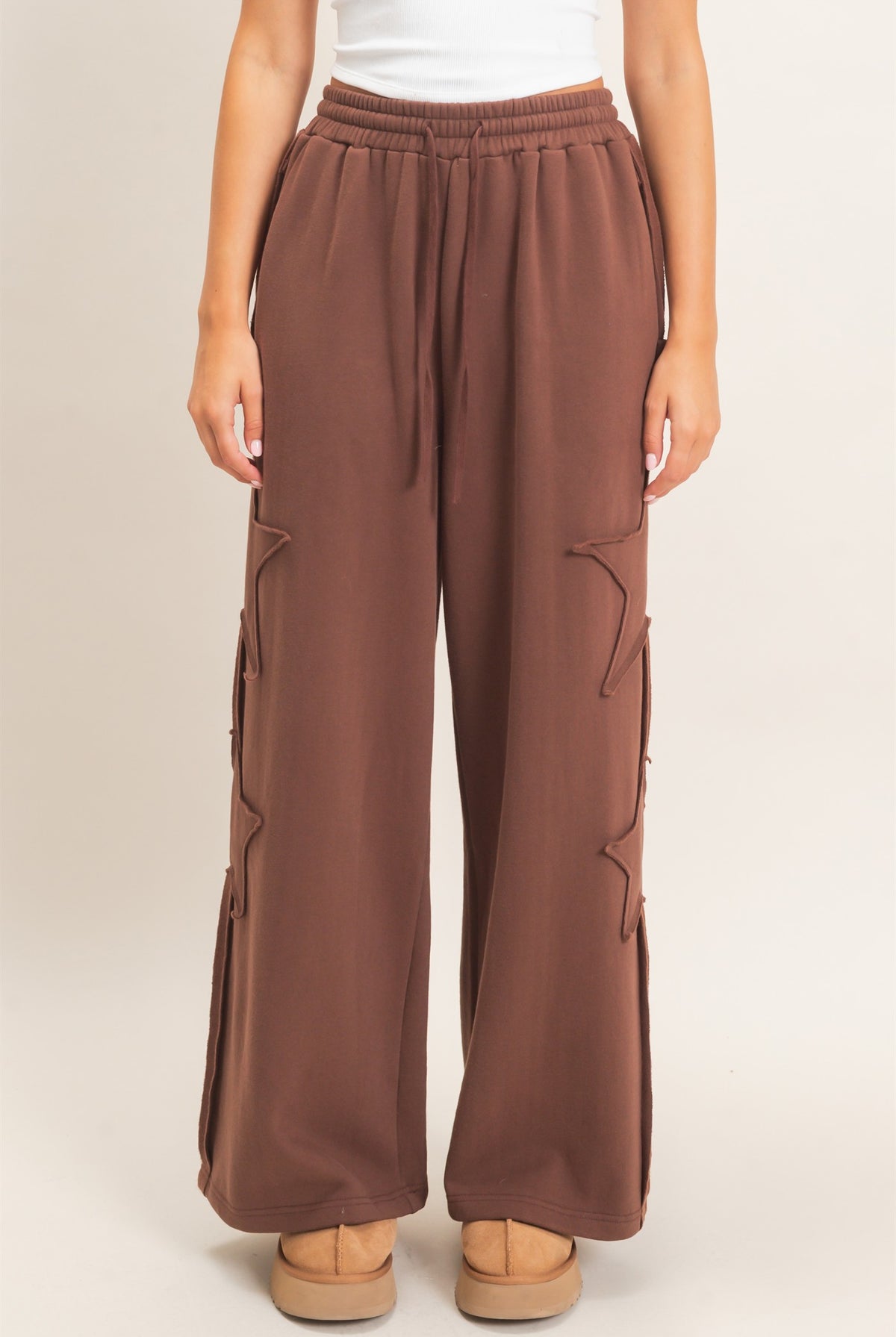 Wholesale French Terry Star Patch Sweatpants Pants DZ27A197 DARK BROWN DOUBLE ZERO