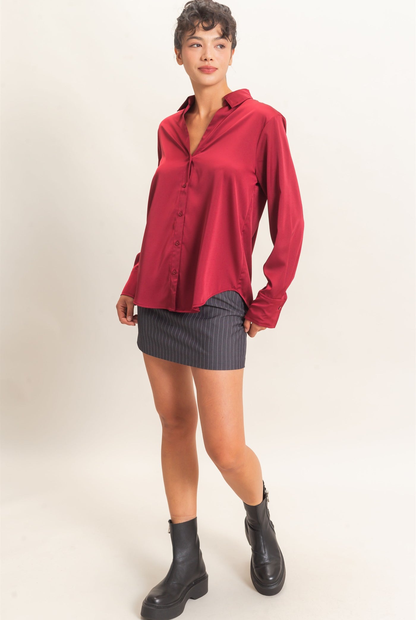 Wholesale Satin Button-Down Shirts Shirts DZ26E265 BURGUNDY DOUBLE ZERO