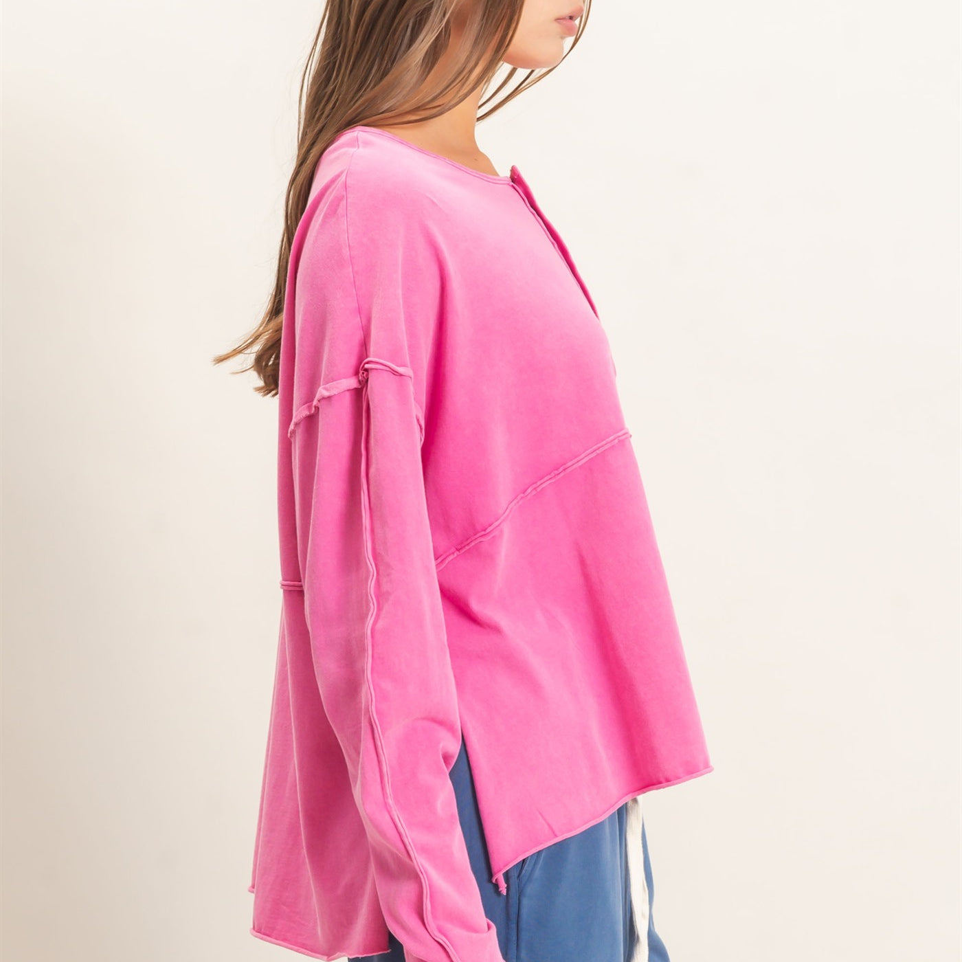 Wholesale Oversized Henley Top With Raw Edges Clothing Tops DZ26F128 FUCHSIA DOUBLE ZERO