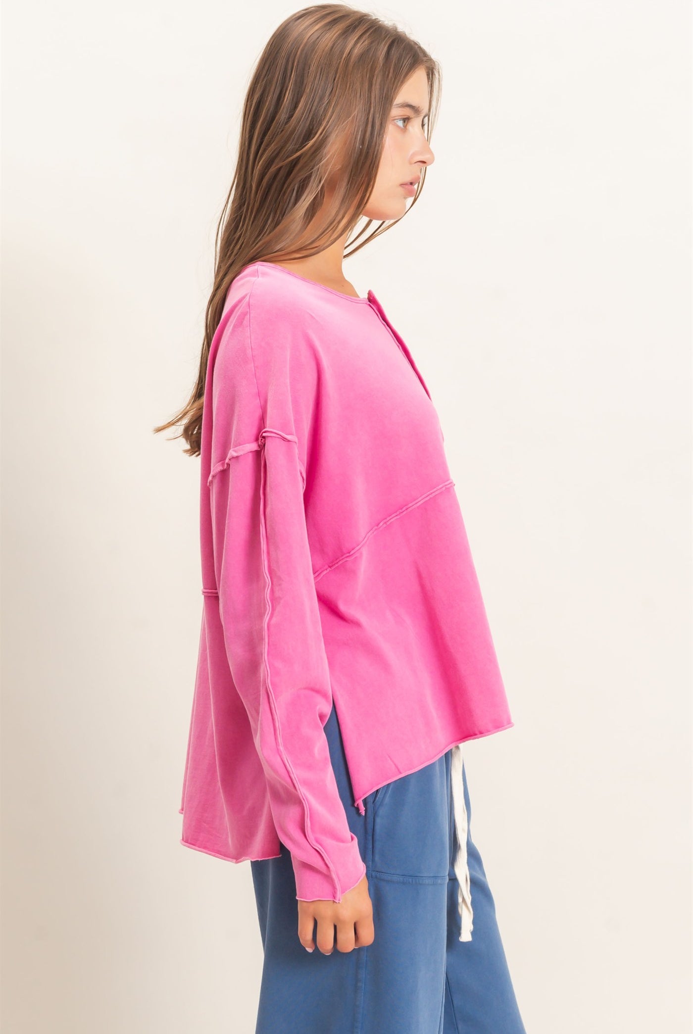 Wholesale Oversized Henley Top With Raw Edges Clothing Tops DZ26F128 FUCHSIA DOUBLE ZERO