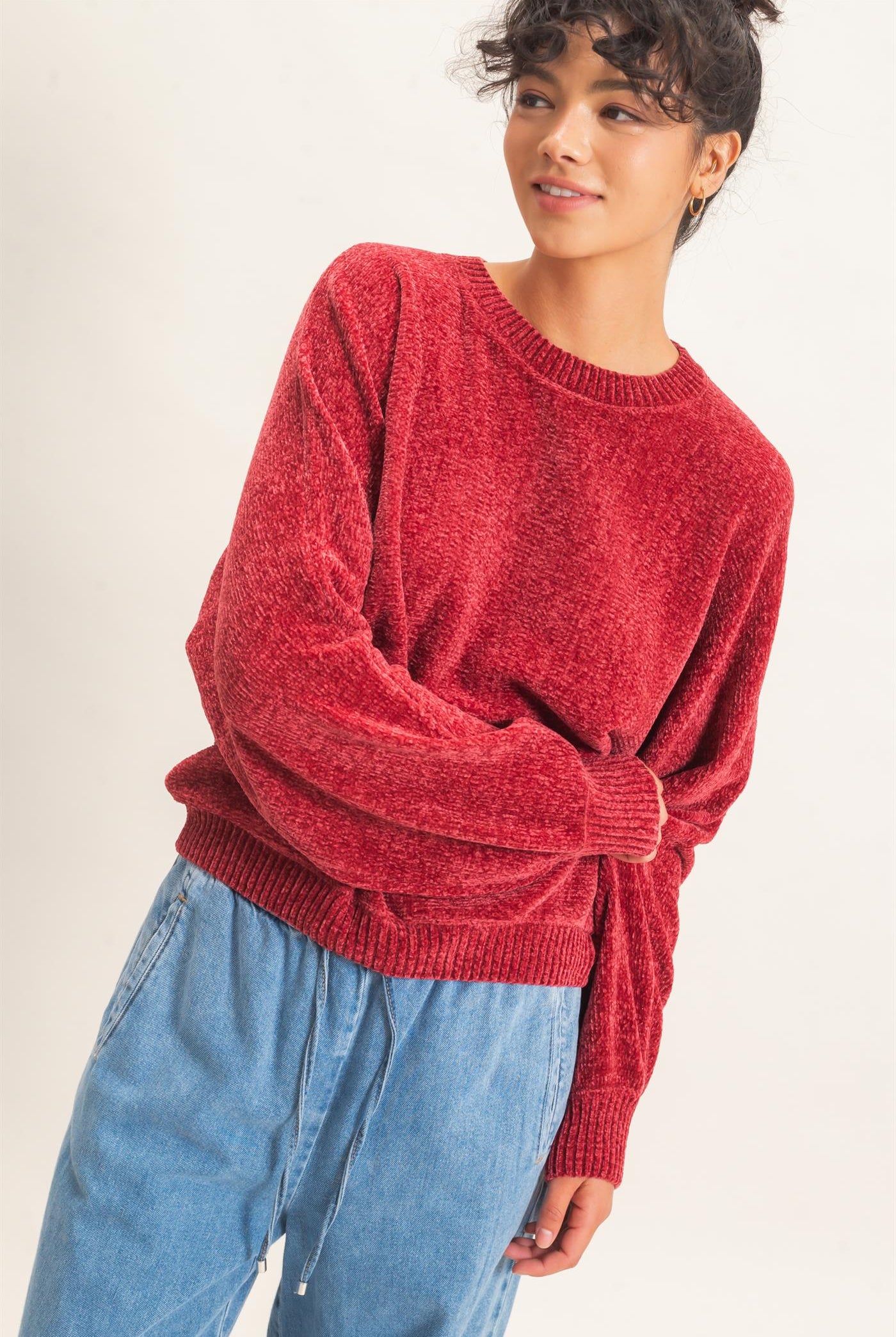 Wholesale Chenille Crew Neck Sweater Sweaters DZ26E264 DARK RED DOUBLE ZERO