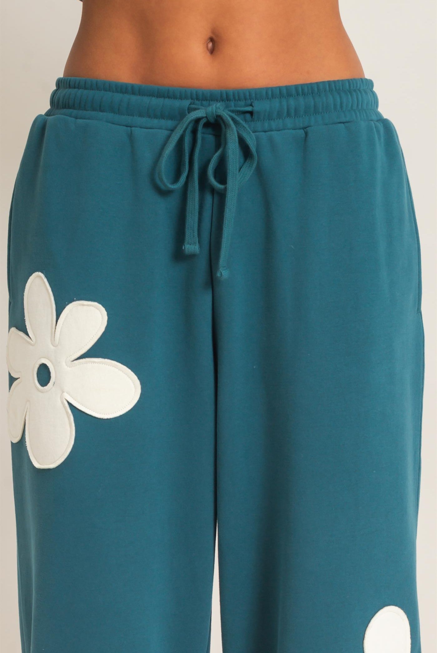 Wholesale Floral Applique Drawstring Jogger Pants Joggers DZ26F308 DARK TEAL DOUBLE ZERO