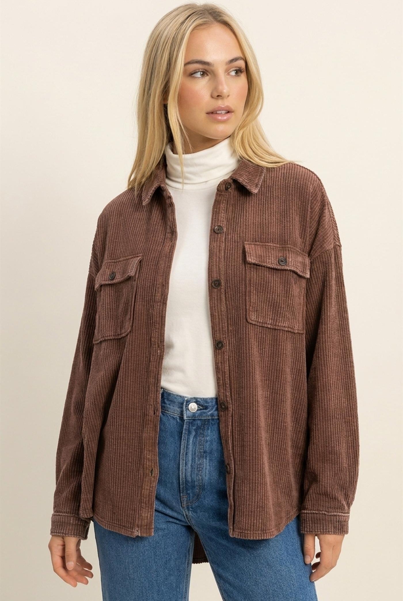 Wholesale Mineral Wash Waffle Knit Button-Up Shacket Coats & Jackets DZ26E249 DARK BROWN DOUBLE ZERO