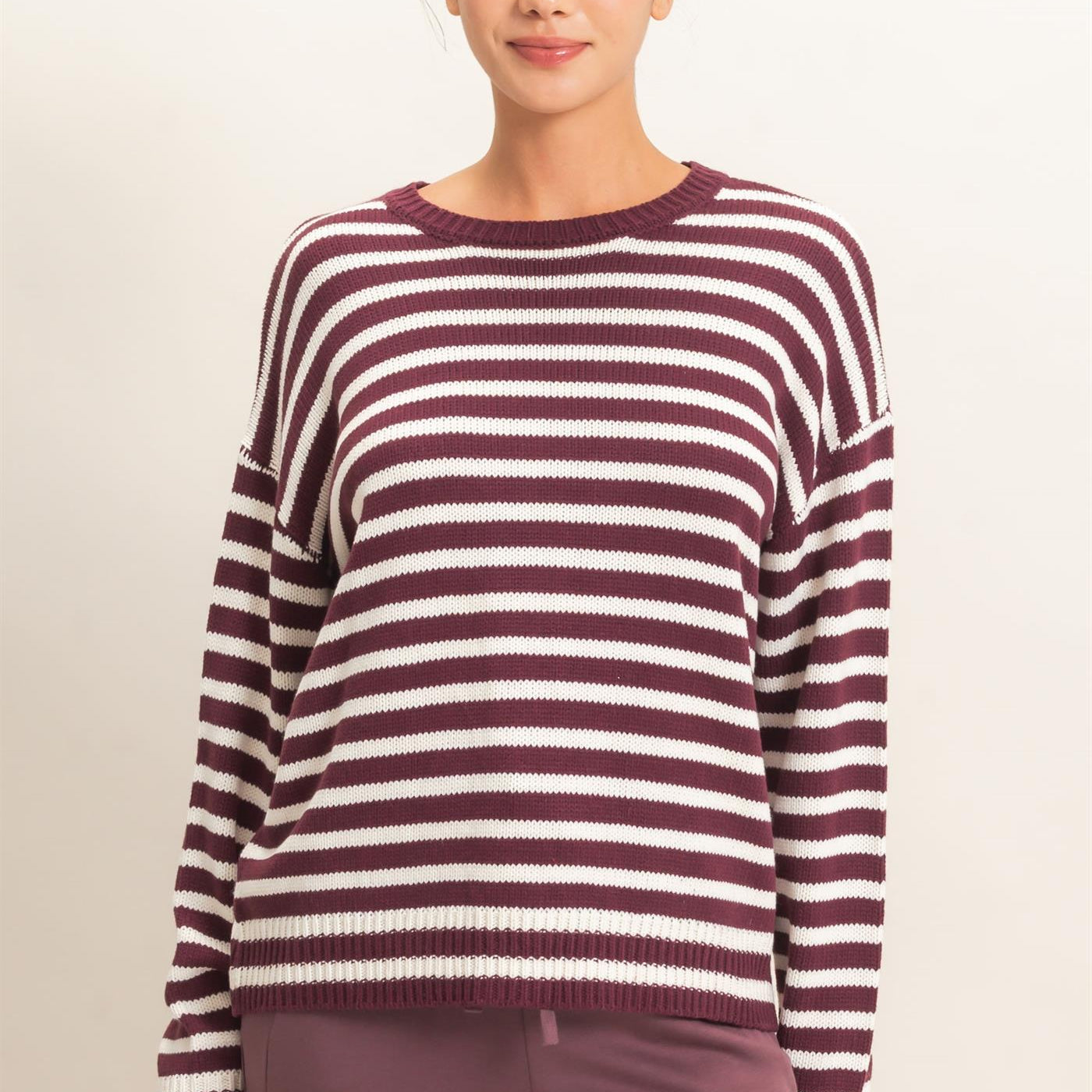 Wholesale Striped Crew Neck Sweater Sweaters DZ26E237 DARK CHERRY DOUBLE ZERO