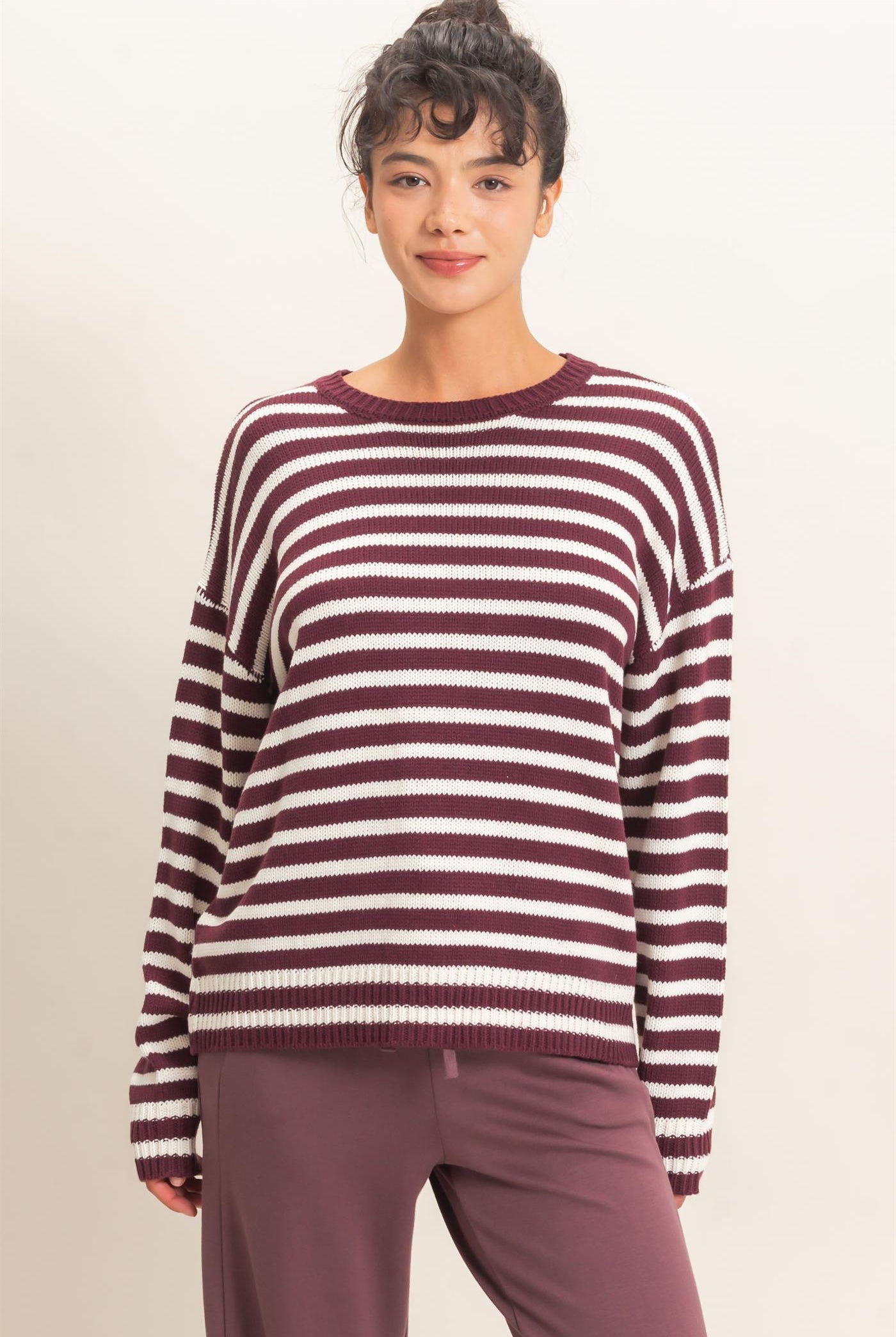 Wholesale Striped Crew Neck Sweater Sweaters DZ26E237 DARK CHERRY DOUBLE ZERO