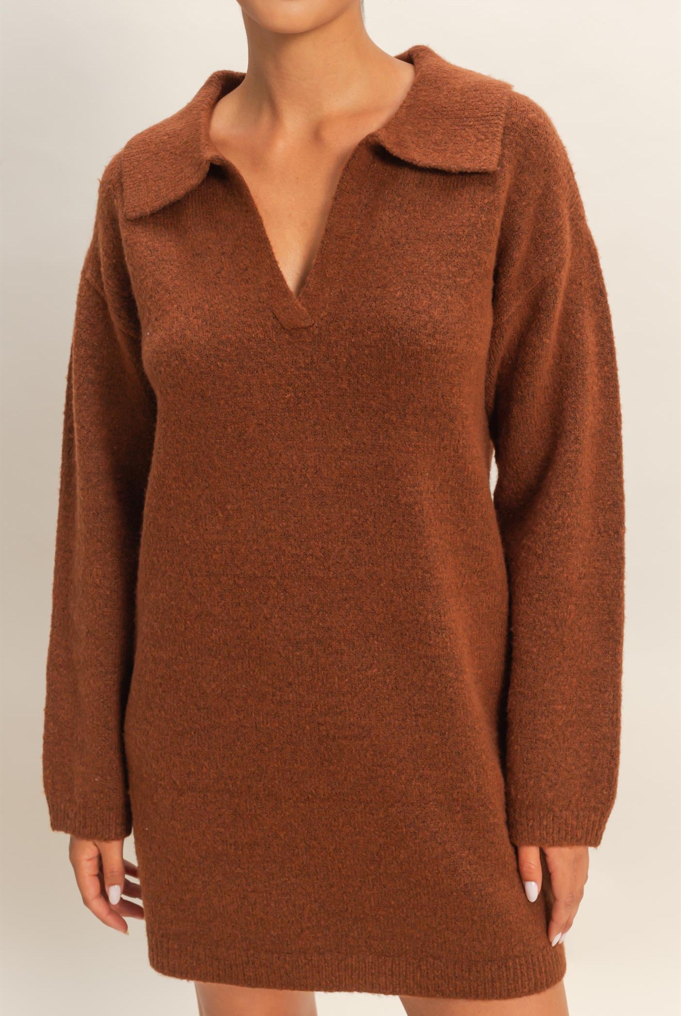 Wholesale Sophisticated Polo Long Sleeve Sweater Dress Dresses DZ25E838 CHESTNUT DOUBLE ZERO