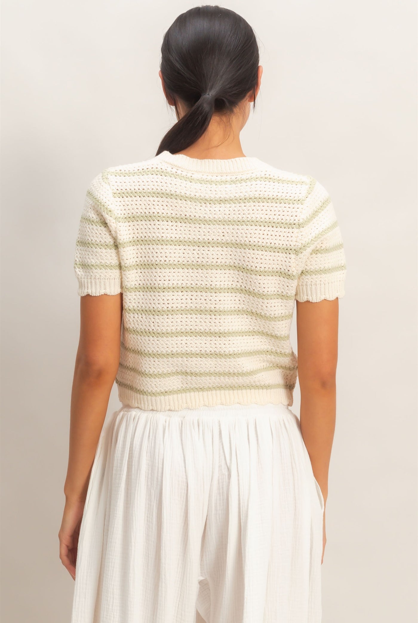 Wholesale Striped Short Sleeve Cardigan With Scallop Edge Cardigans DZ26A605 SAGE GREEN DOUBLE ZERO