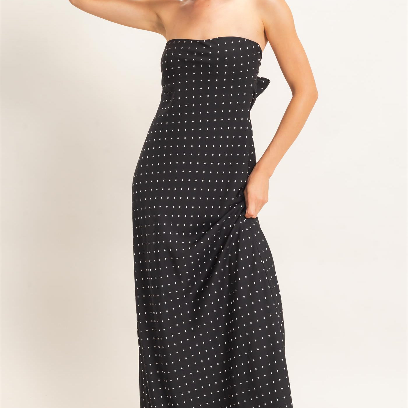 Wholesale Strapless Polka Dot Maxi Dress Dresses HF26E845 BLACK HYFVE