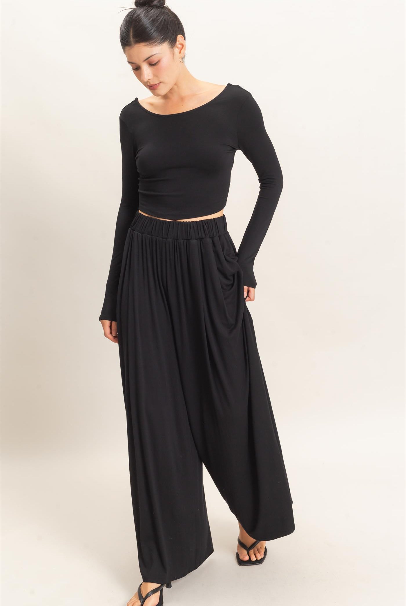 Wholesale Long Sleeve Top & Wide Leg Pants Set Clothing HF26F227-SET-D BLACK HYFVE