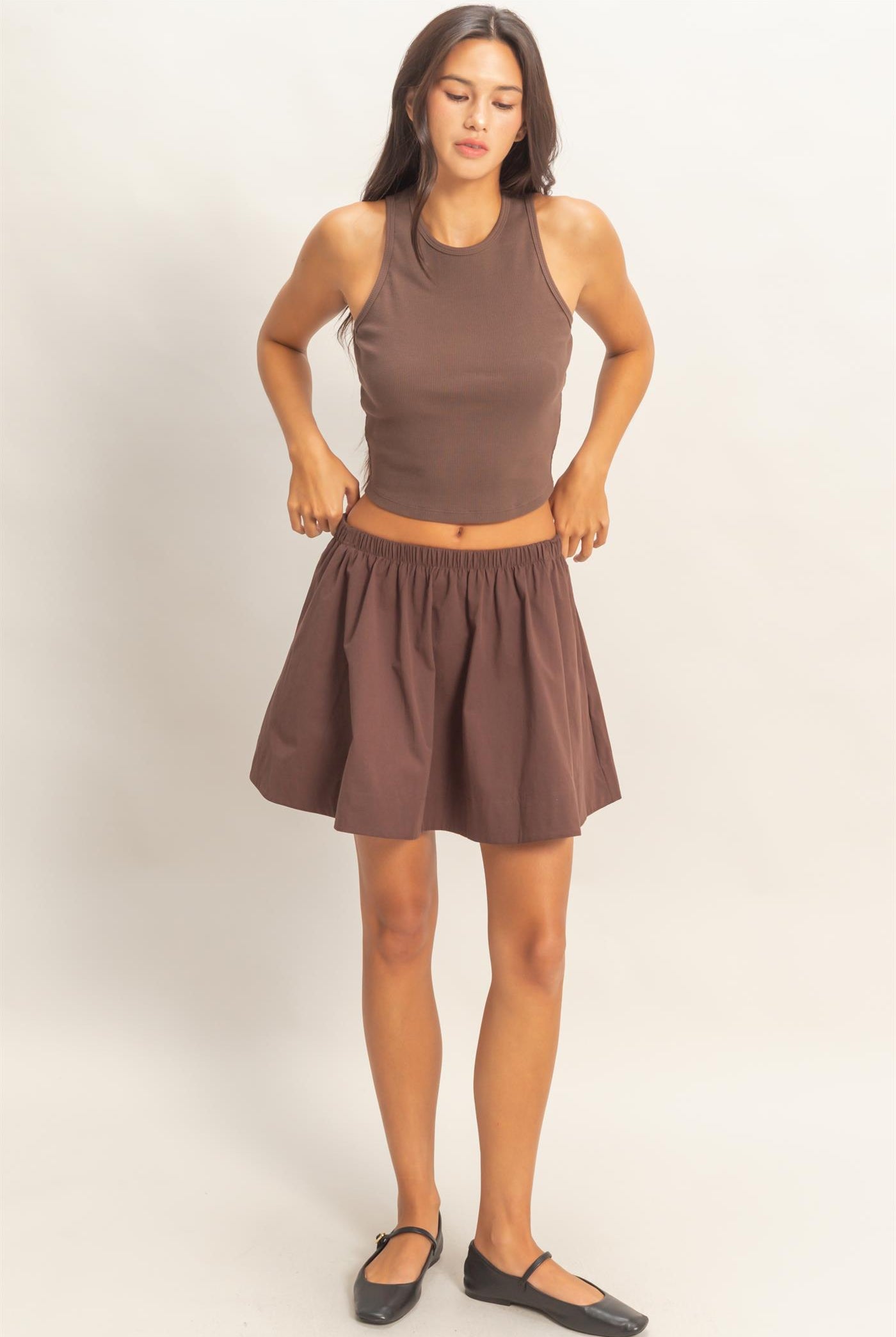 Wholesale Sleeveless Ribbed Top And Skirt Set Clothing DZ26C346-SET CHOCOLATE DOUBLE ZERO
