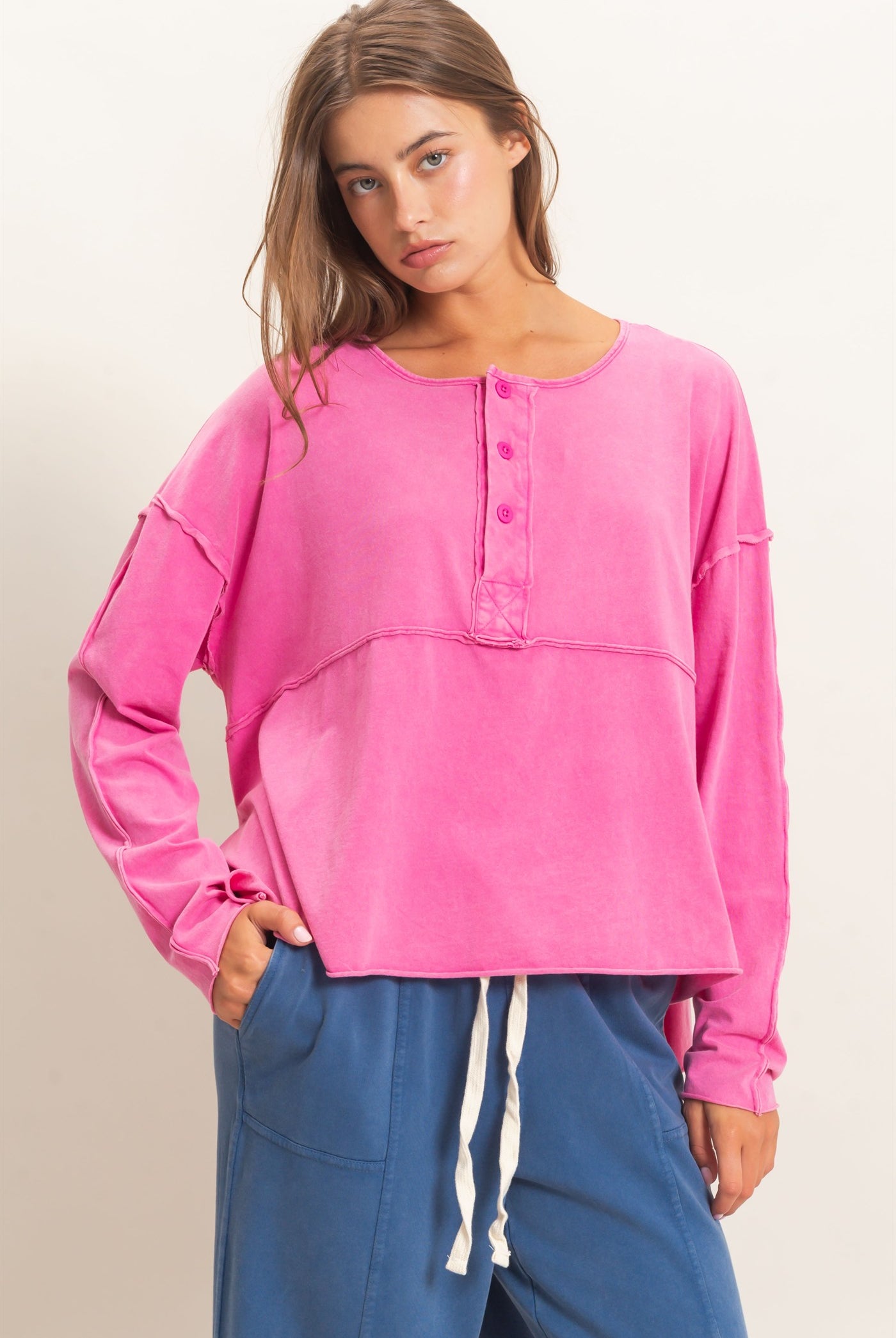 Wholesale Oversized Henley Top With Raw Edges Clothing Tops DZ26F128 FUCHSIA DOUBLE ZERO