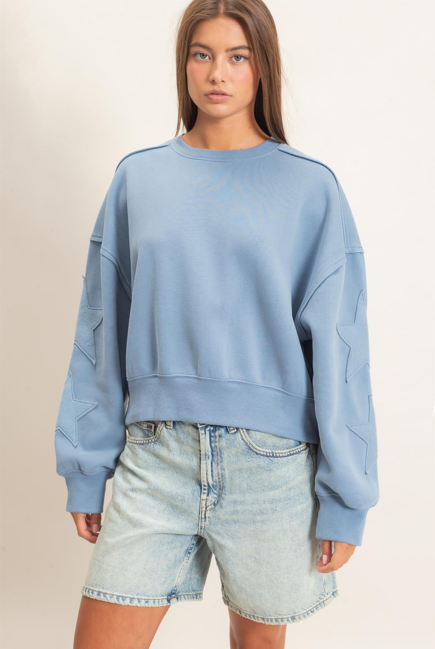 Wholesale Star Patch Sleeve Sweatshirt Sweatshirts DZ26E888 DUSTY BLUE DOUBLE ZERO
