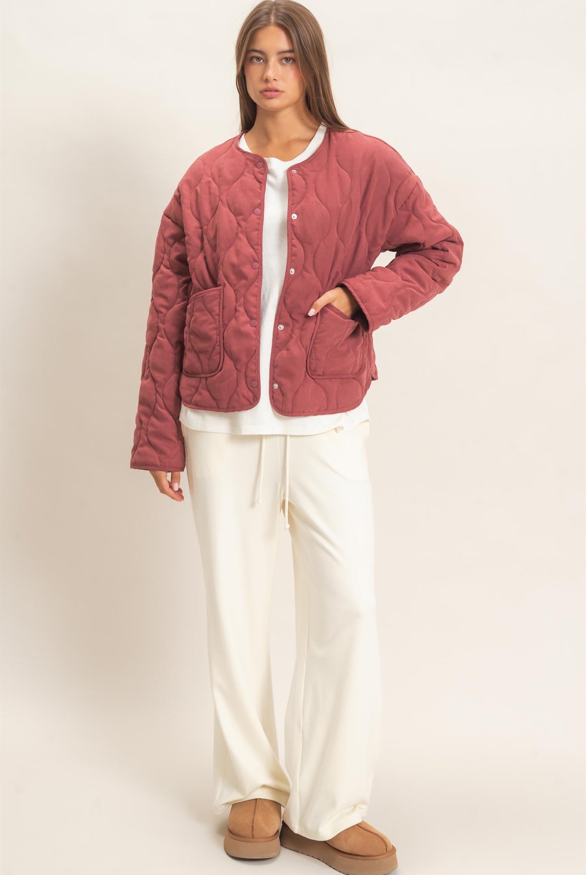 Wholesale Quilted Button Front Jacket Coats & Jackets DZ26F254 BURGUNDY DOUBLE ZERO