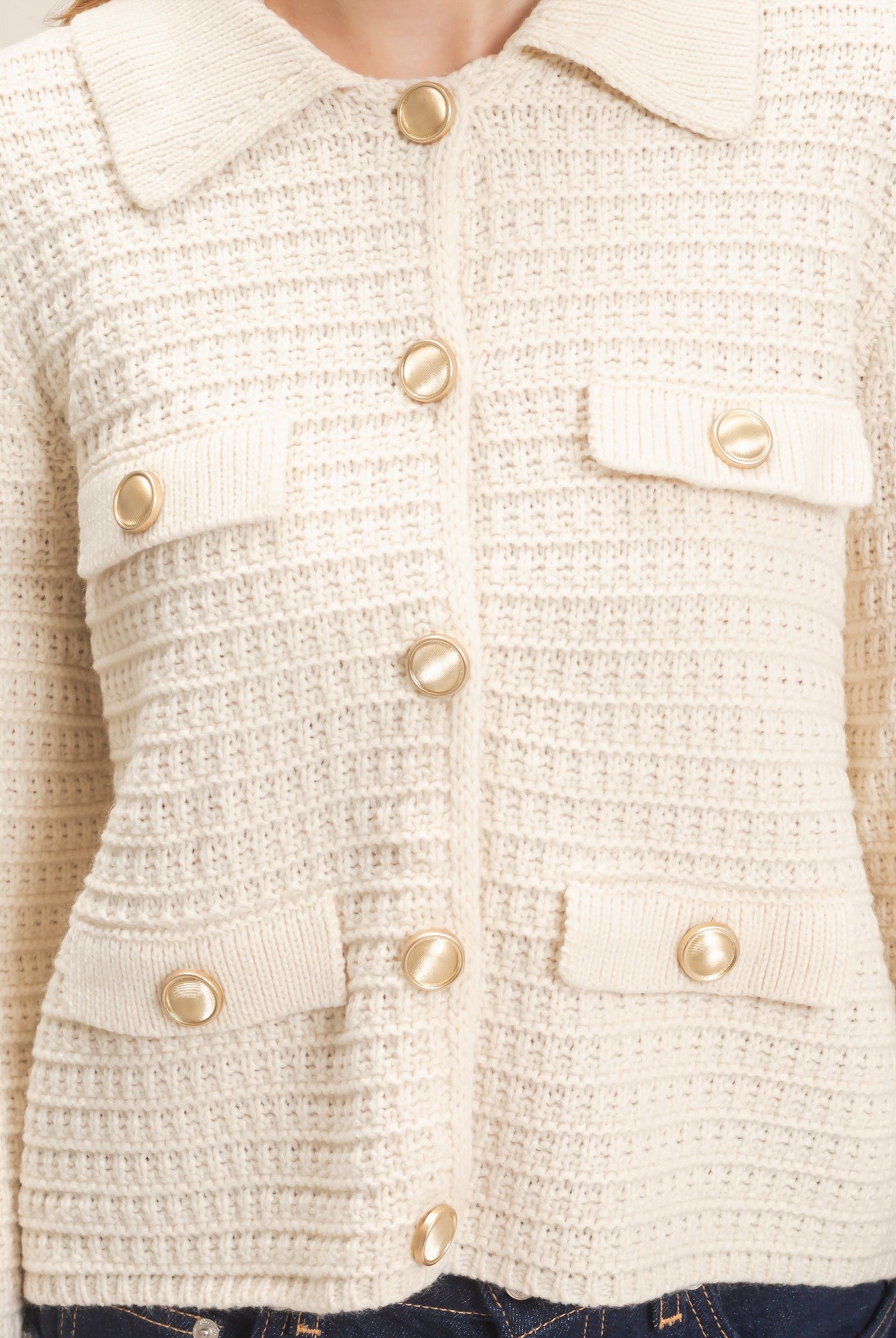Wholesale Textured Collared Sweater Jacket Cardigans HF26F190 CREAM HYFVE