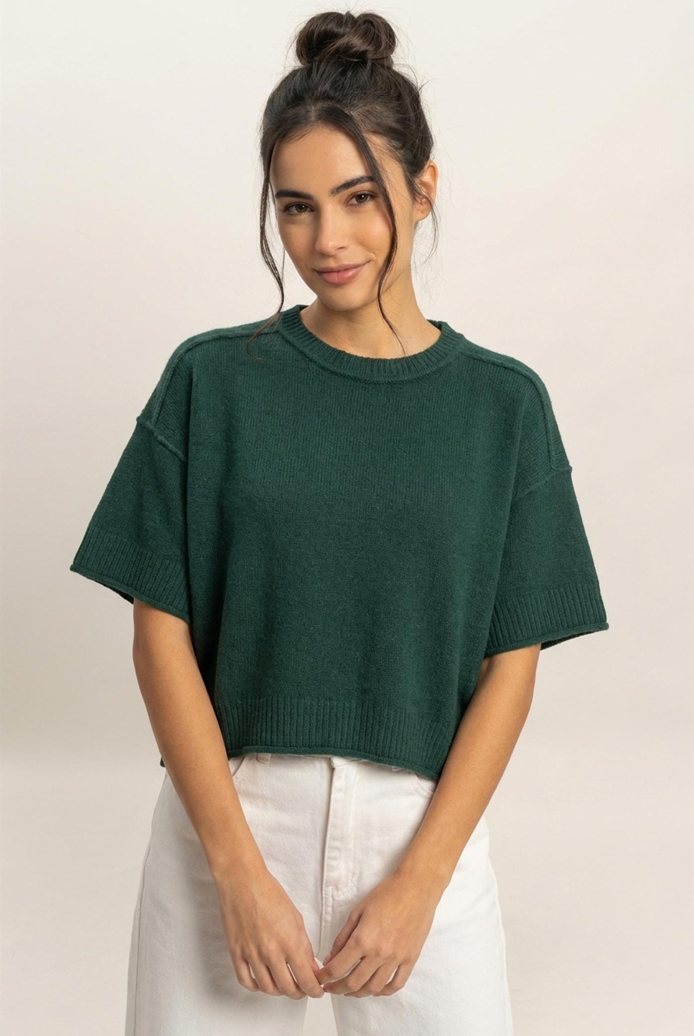 Wholesale Seam Detail Short Sleeve Knit Top Clothing Tops DZ26A827 DARK GREEN DOUBLE ZERO