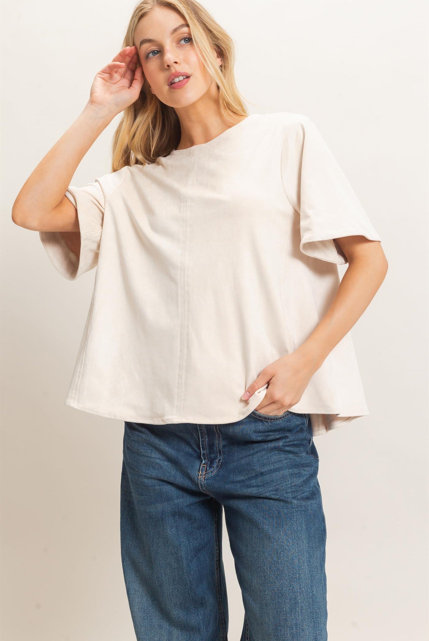 Wholesale Suede Boat Neck Top Clothing Tops HF26E351 CREAM HYFVE