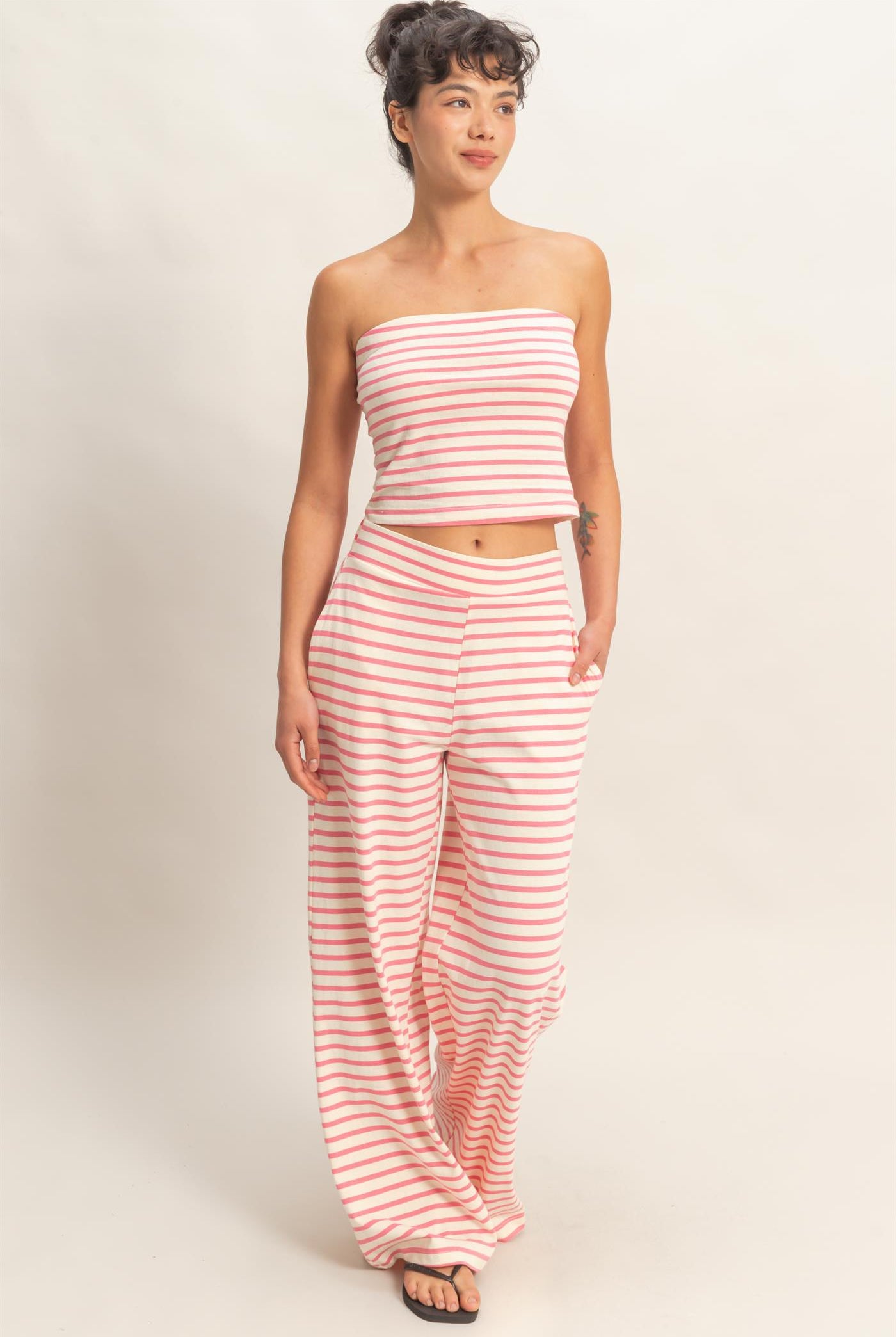 Wholesale Striped Jersey Tube Top And Pants Set Clothing DZ26C621-SET PINK DOUBLE ZERO