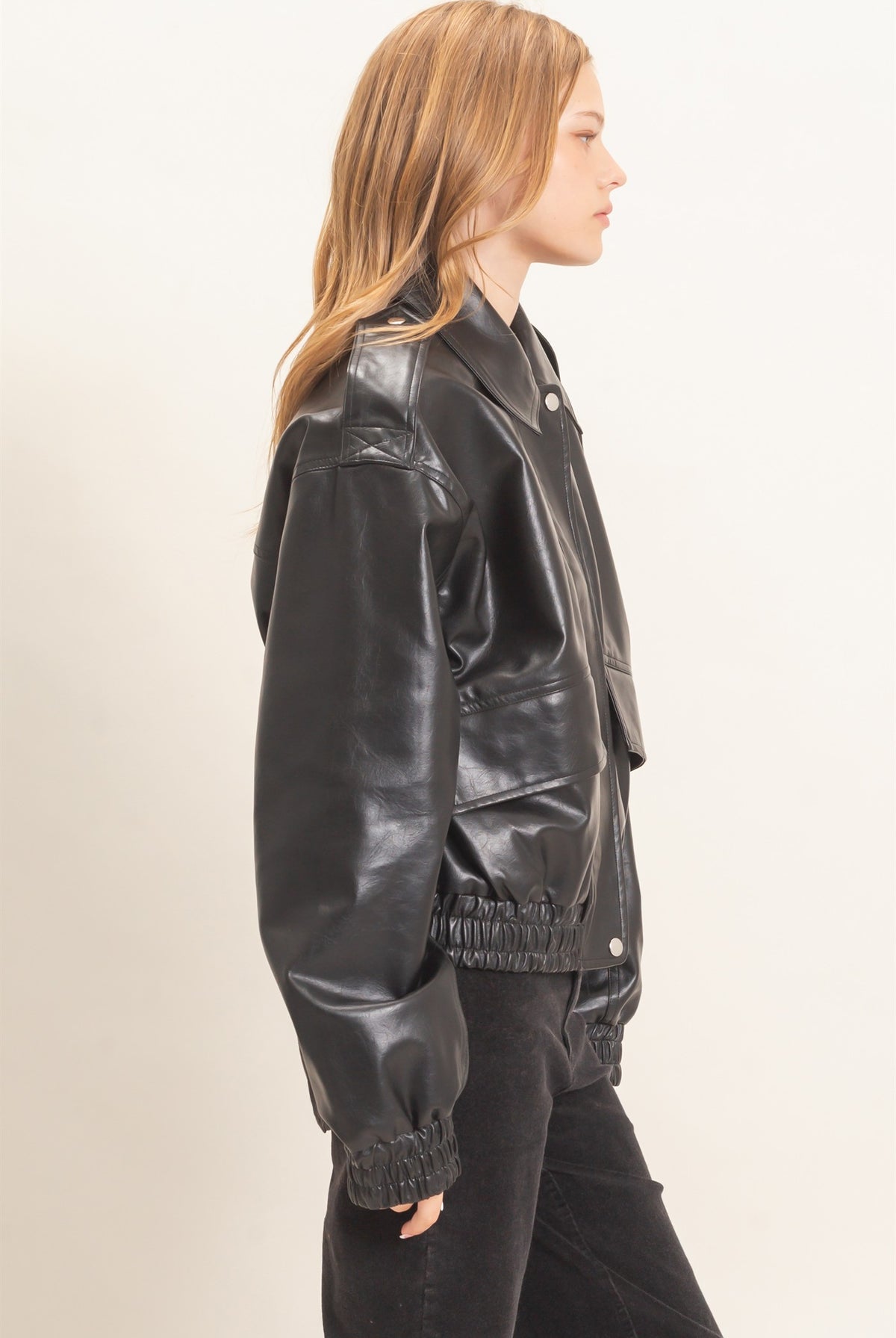 Wholesale Faux Leather Collared Bomber Jacket Bomber Jackets HF26C847 BLACK HYFVE