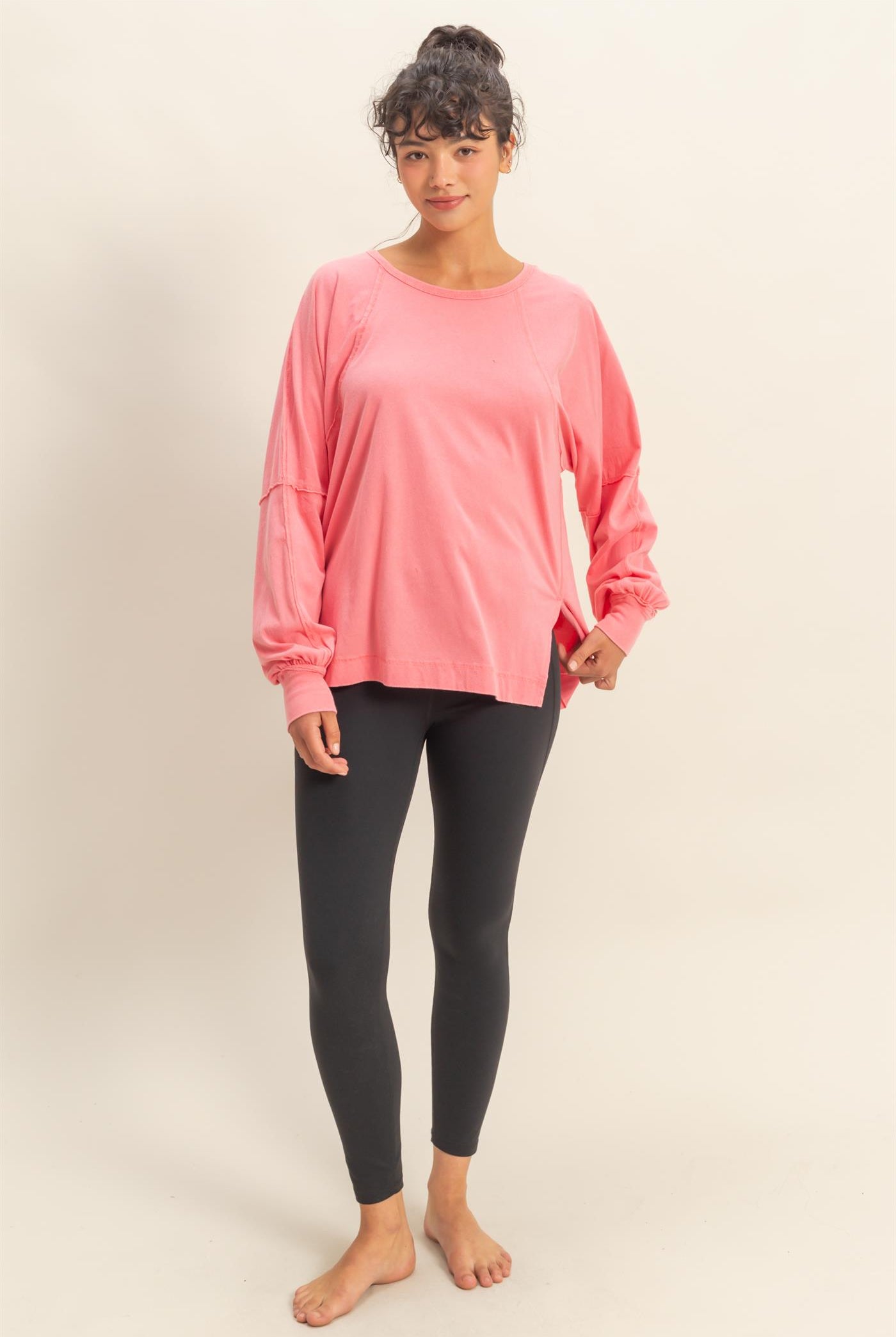Wholesale Washed Oversized Long Sleeve Top With Slit Clothing Tops DZ25C921 TAFFY PINK HYFVE