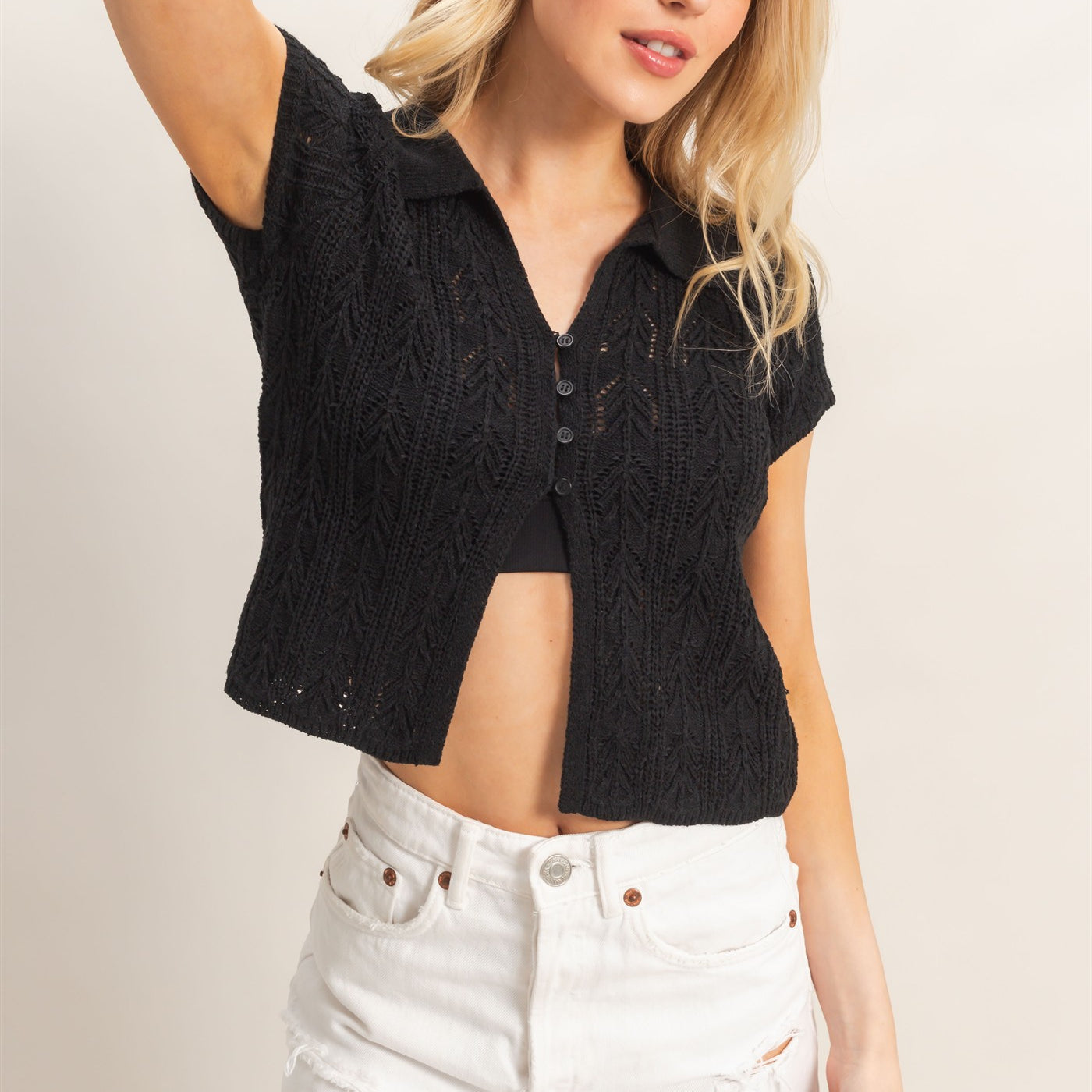 Wholesale Pointelle Knit Collared Cardigan Clothing Tops HF26A856 BLACK HYFVE