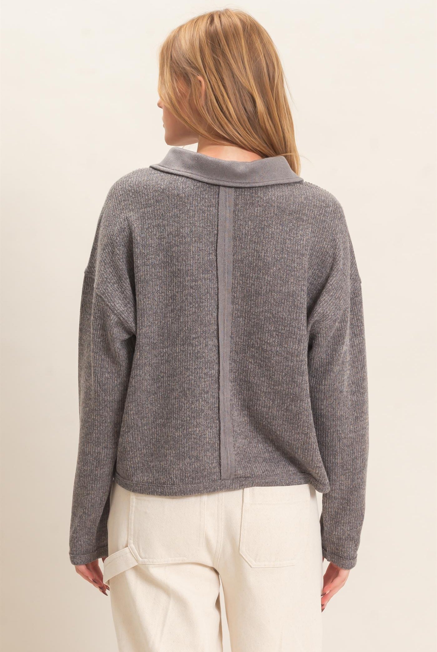 Wholesale Ribbed Collared Pullover Top Clothing Tops HF26E472 GRAY HYFVE