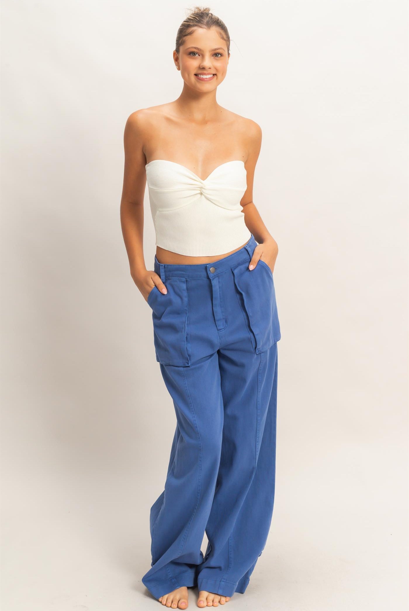 Wholesale High Rise Cargo Pants With Ankle Ties Pants DZ24C156 COBALT DOUBLE ZERO