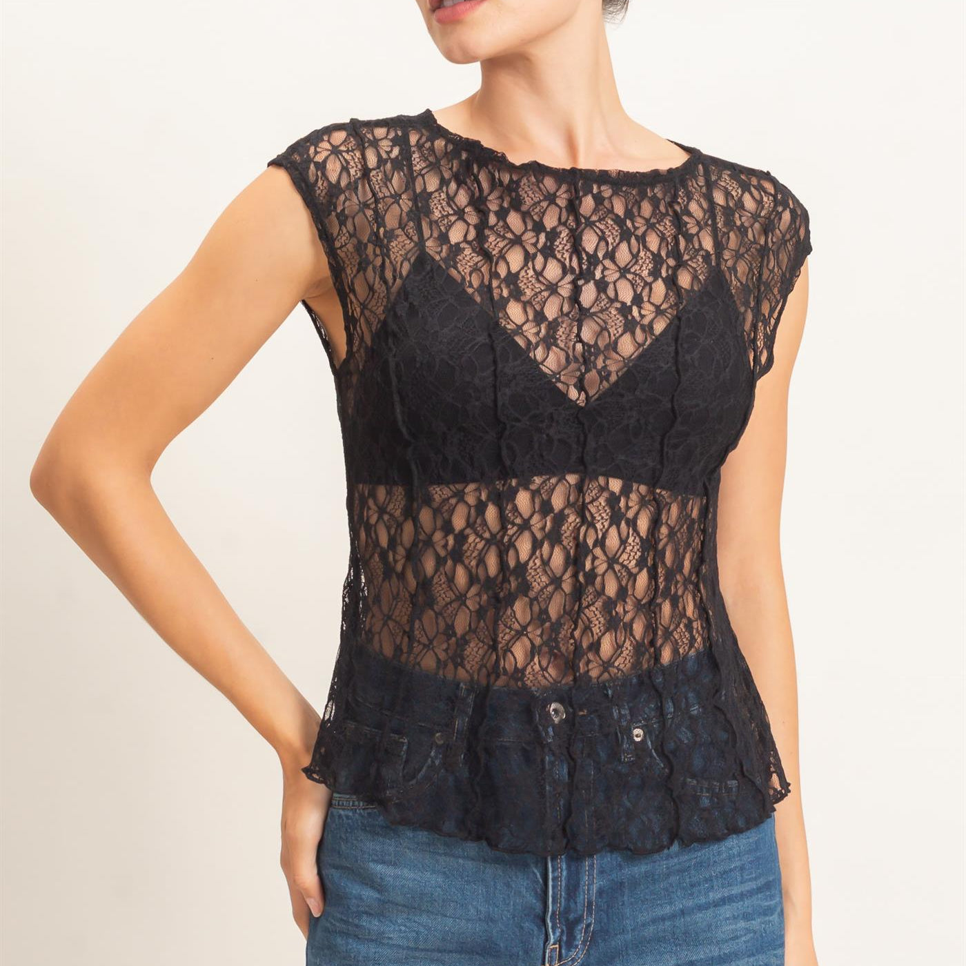 Wholesale Lace Cap Sleeve Top Clothing Tops HF26E672 BLACK HYFVE
