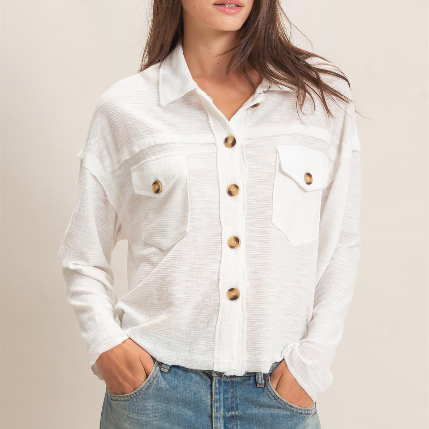 Wholesale Textured Button-Up Shirt Clothing Tops HF26C878 WHITE HYFVE