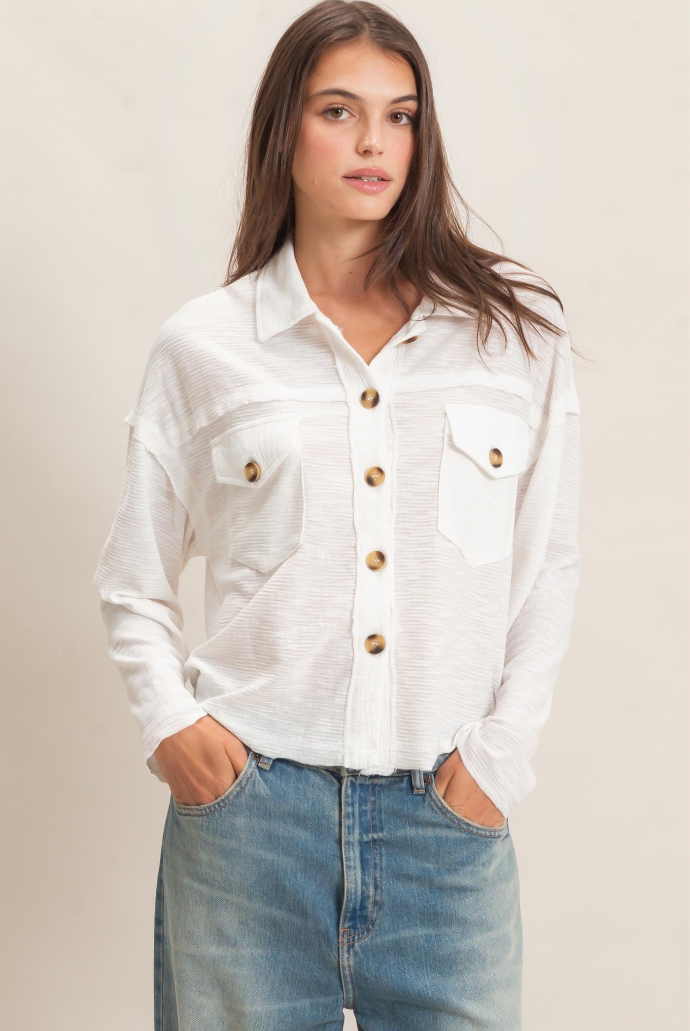Wholesale Textured Button-Up Shirt Clothing Tops HF26C878 WHITE HYFVE