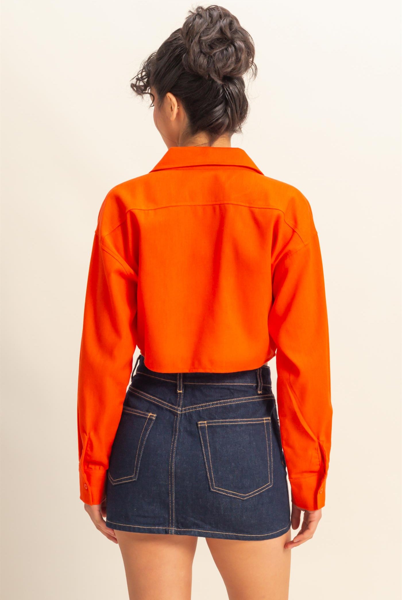 Wholesale Sand Washed Tie Front Crop Top Blouses DZ24C963 TOMATO DOUBLE ZERO