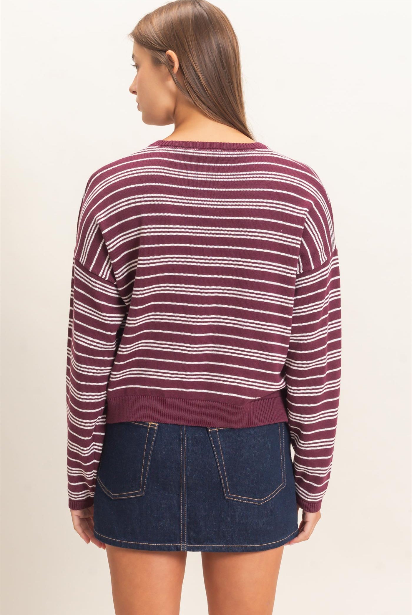 Wholesale Striped Henley Sweater Sweaters DZ26E113 DARK CHERRY DOUBLE ZERO