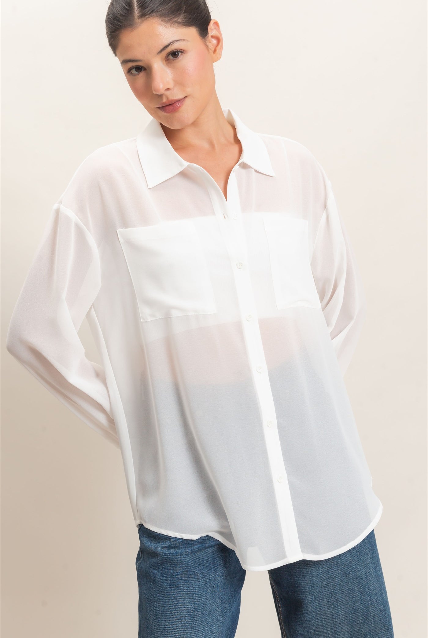 Wholesale Button-Down Collar Blouse Shirts HF26F067 OFF WHITE HYFVE