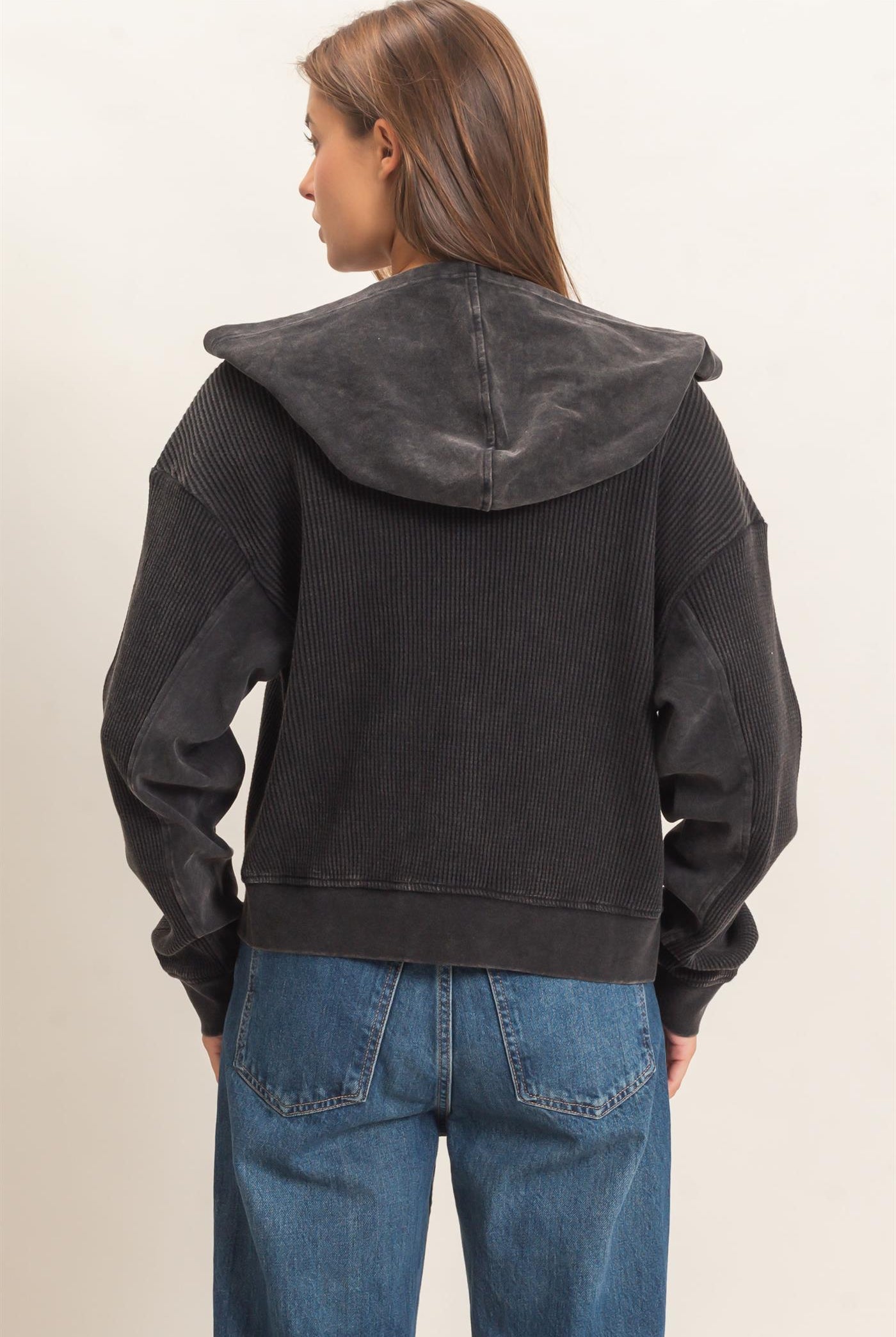 Wholesale Acid Wash Waffle Knit Zip-Up Hoodie Hoodies DZ26E401 BLACK DOUBLE ZERO