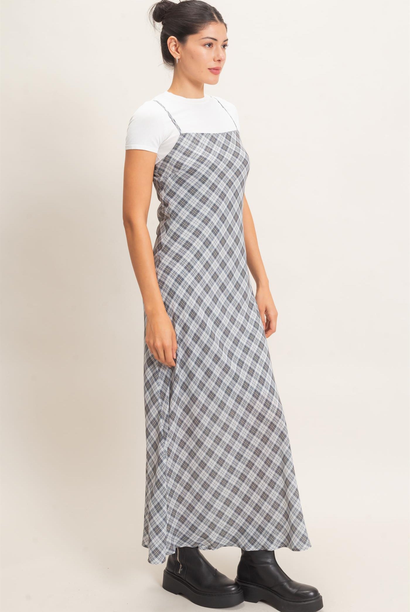 Wholesale Plaid Spaghetti Strap Maxi Dress Dresses HF26E573 GRAY HYFVE