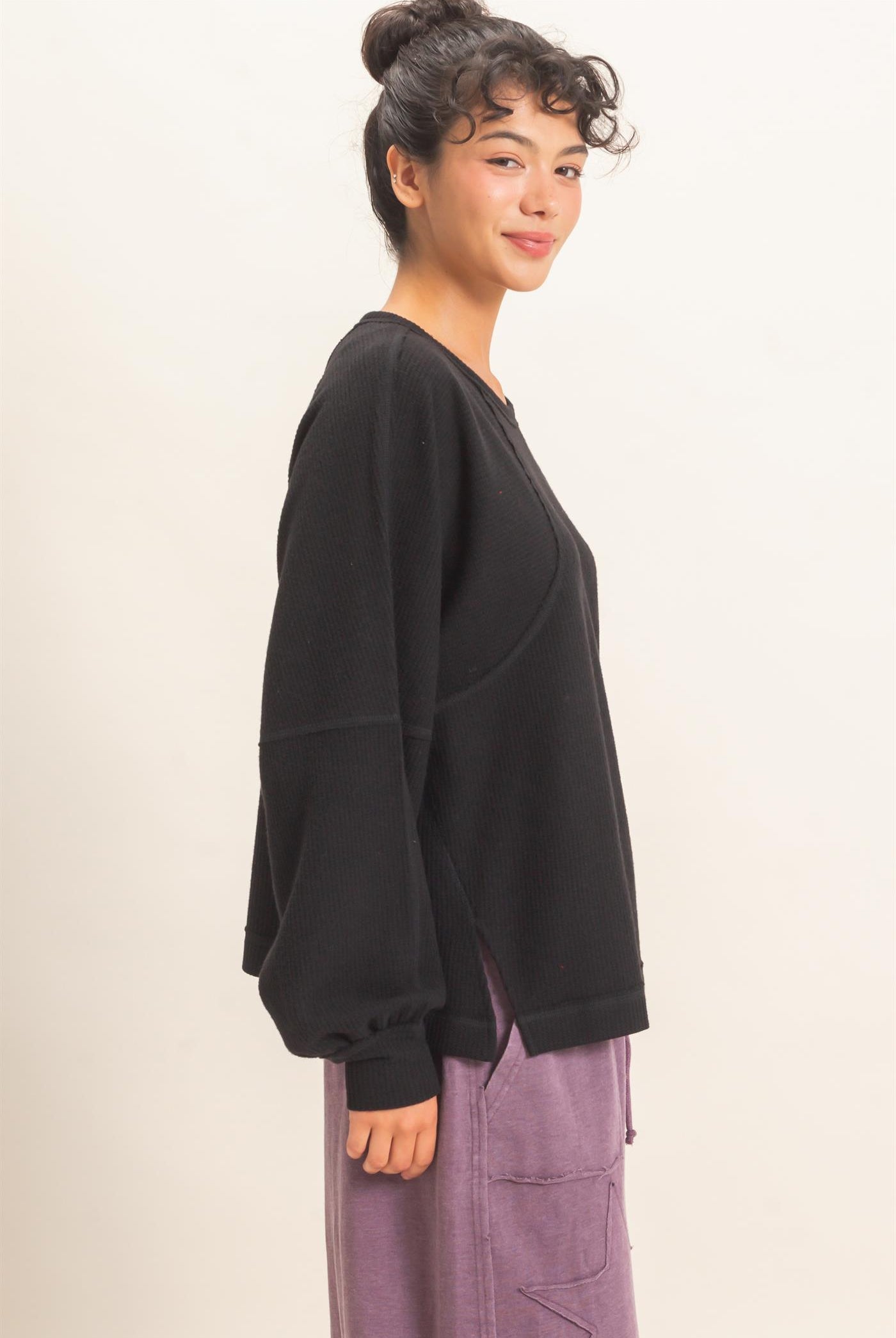 Wholesale Brushed Waffle Long Sleeve Top Clothing Tops DZ26F312 BLACK DOUBLE ZERO
