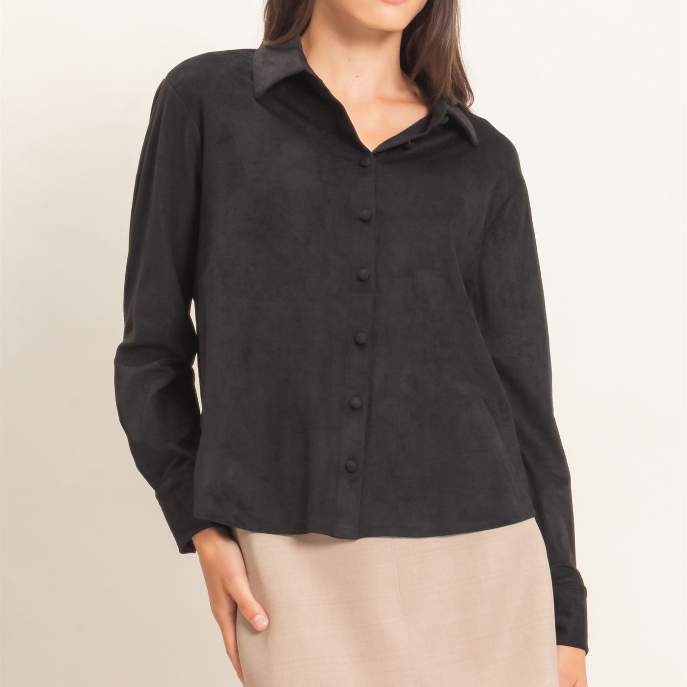Wholesale Suede Button-Up Shirt Shirts HF26F083 BLACK HYFVE
