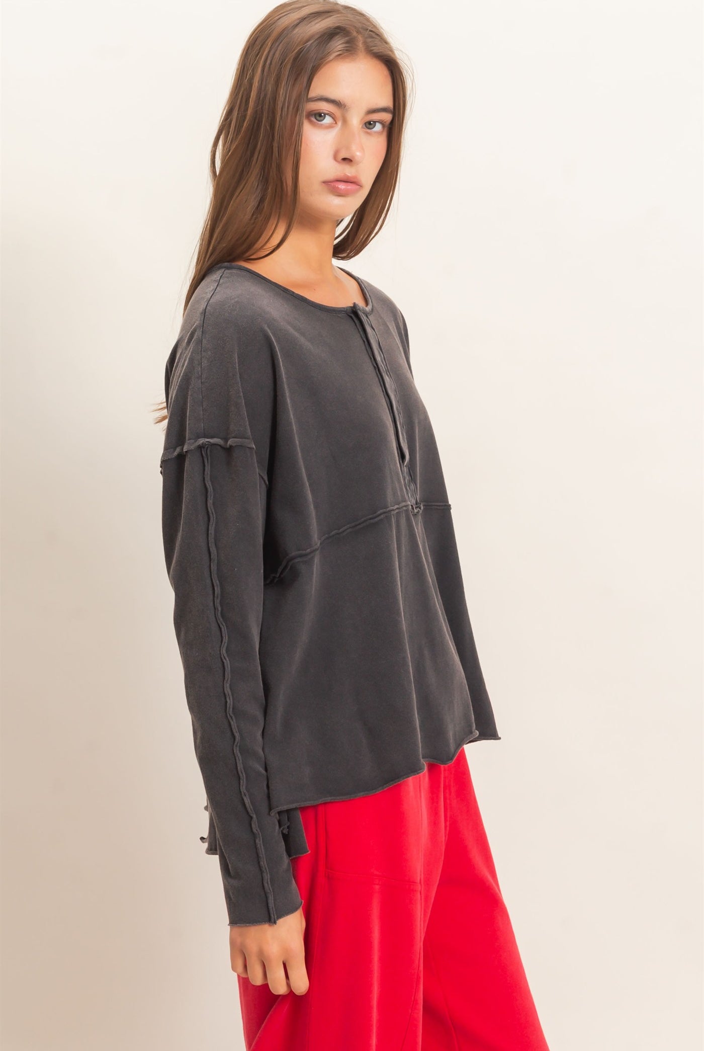 Wholesale Oversized Henley Top With Raw Edges Clothing Tops DZ26F128 BLACK DOUBLE ZERO